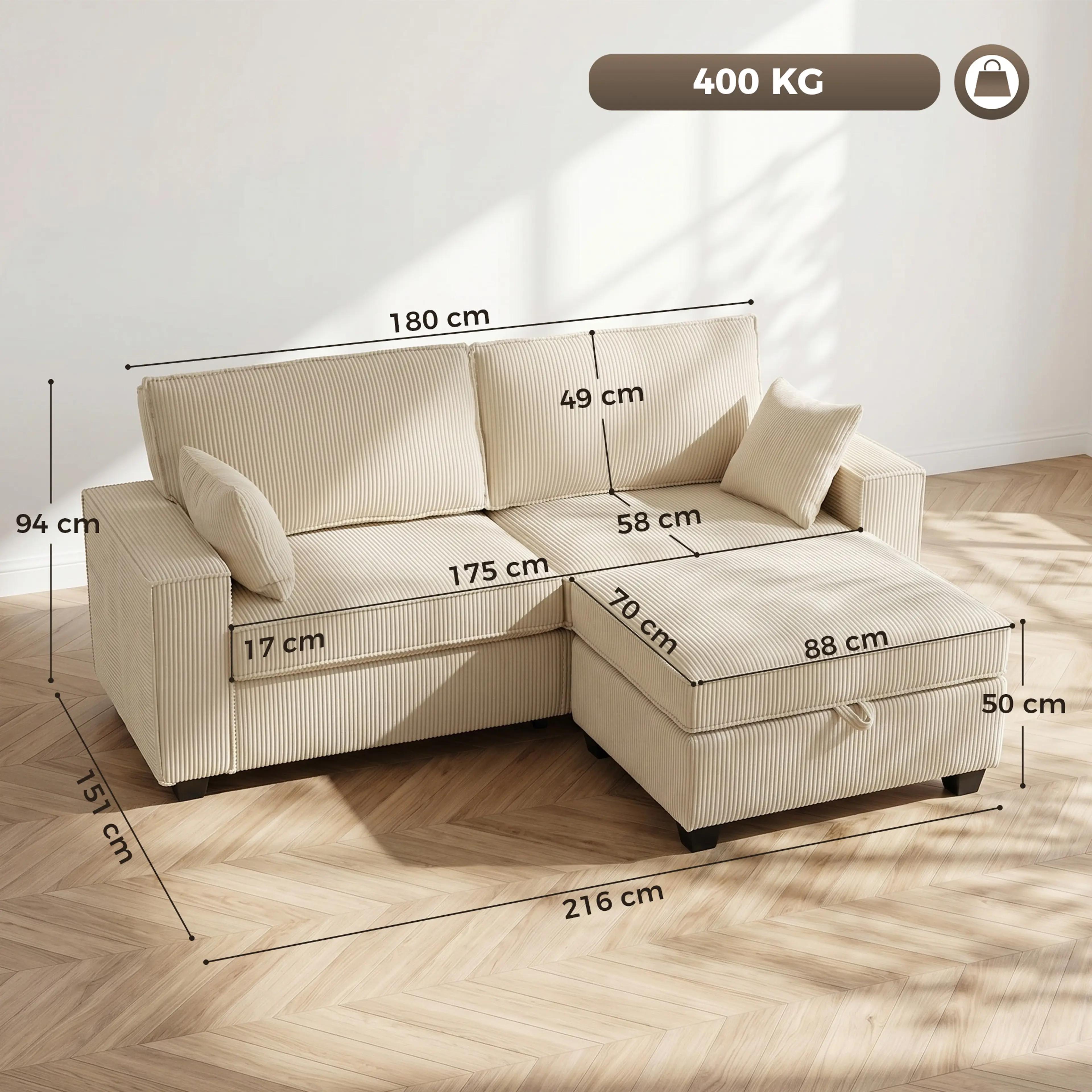 Hörnsoffa beige 216 cm med förvaring i ottomanen – manchester, bär 400 kg – bild 4