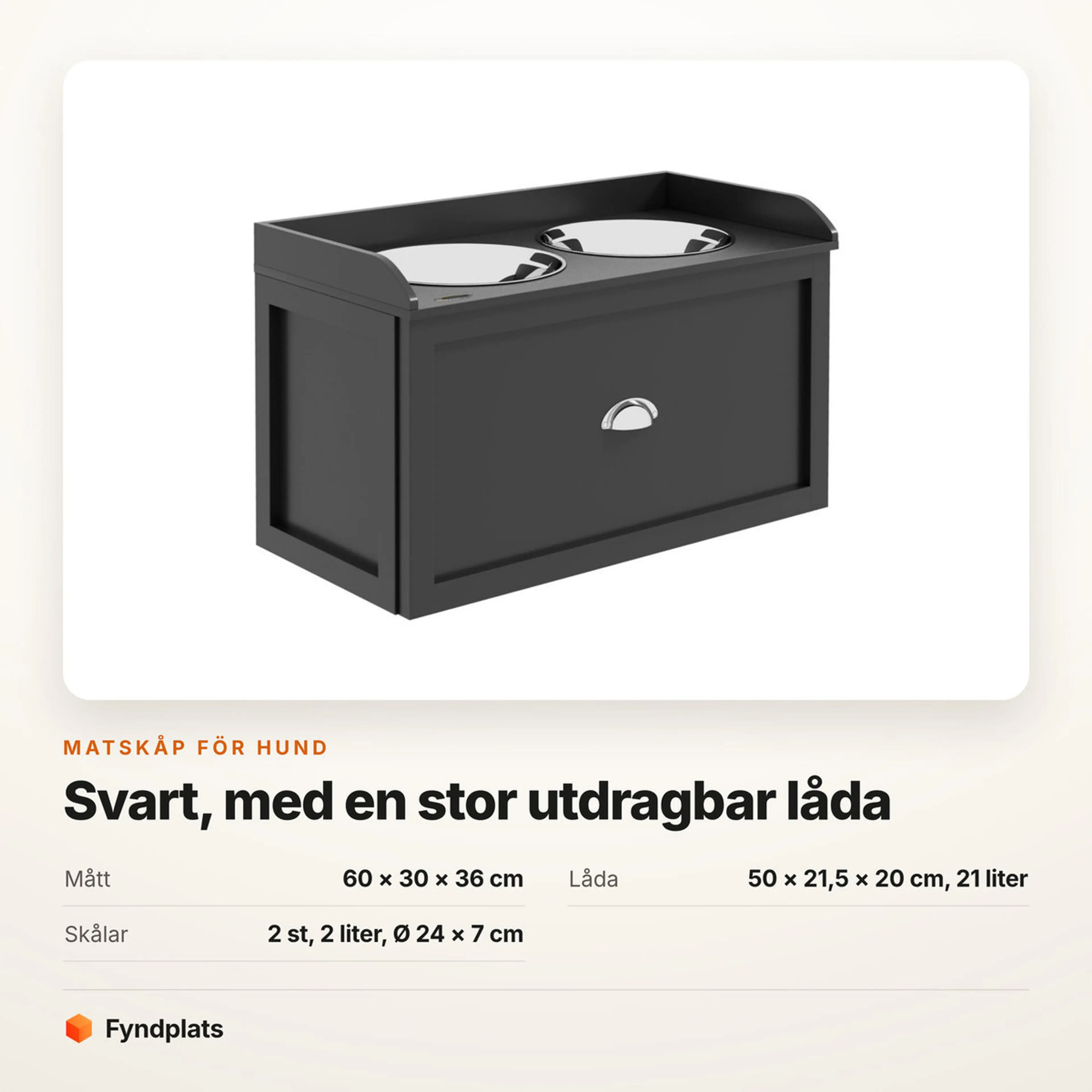 Faktakort: mått 60 × 30 × 36 cm, låda 21 liter och skålar 2 liter