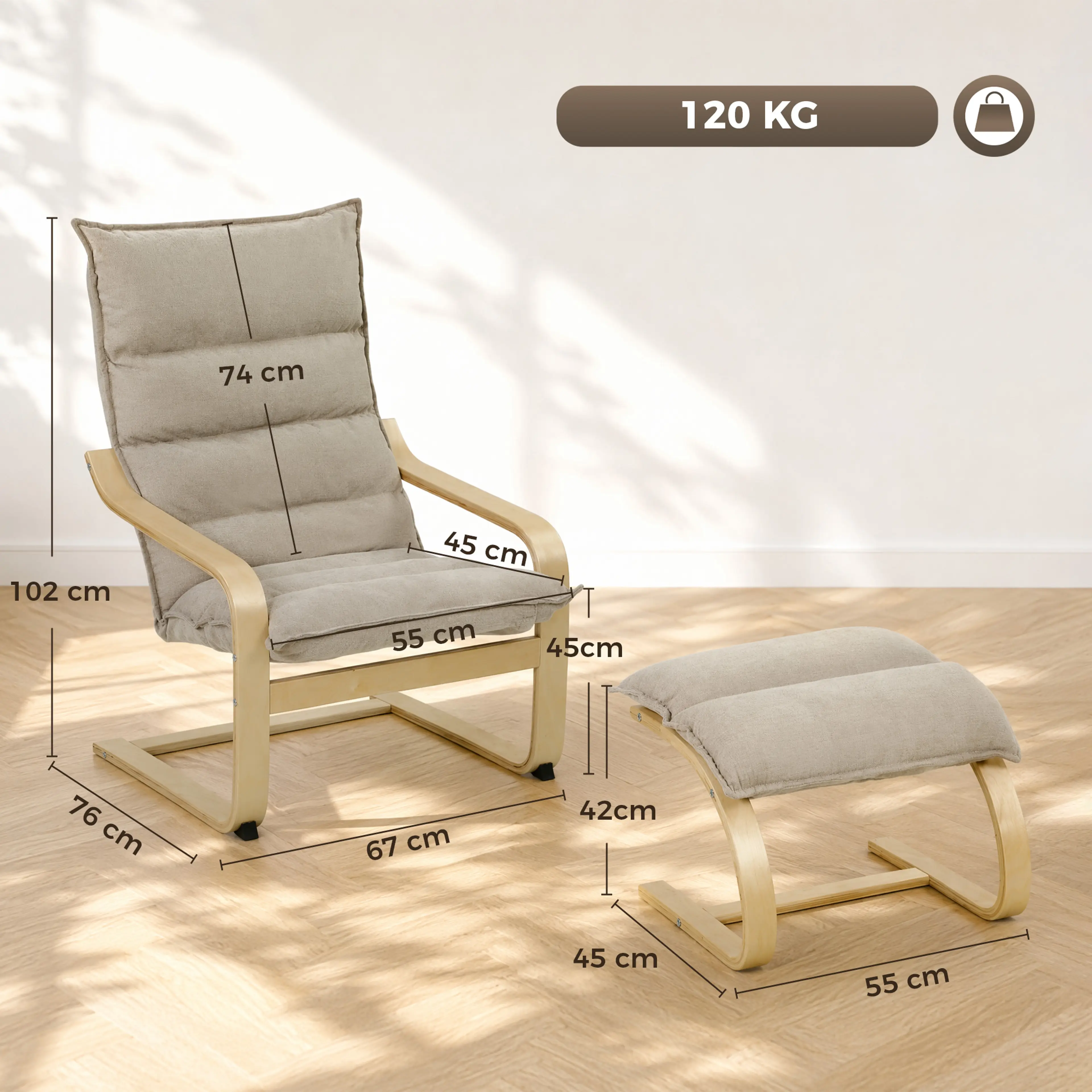 Måttskiss: fåtölj 67 × 76 × 102 cm, ryggstöd 55 × 74 cm och fotpall 45 × 55 × 42 cm