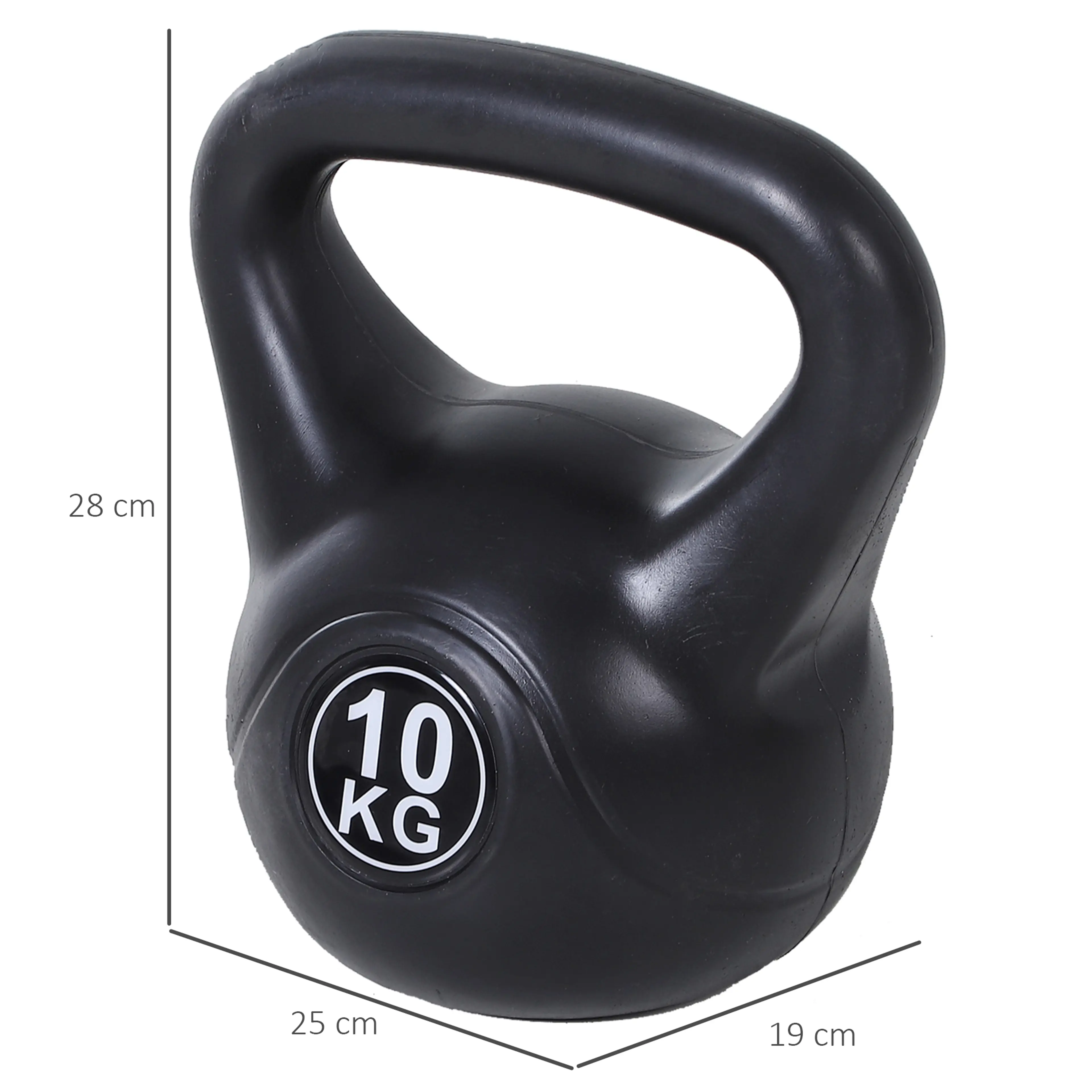 Kettlebellens mått: 25 cm lång, 19 cm bred och 28 cm hög