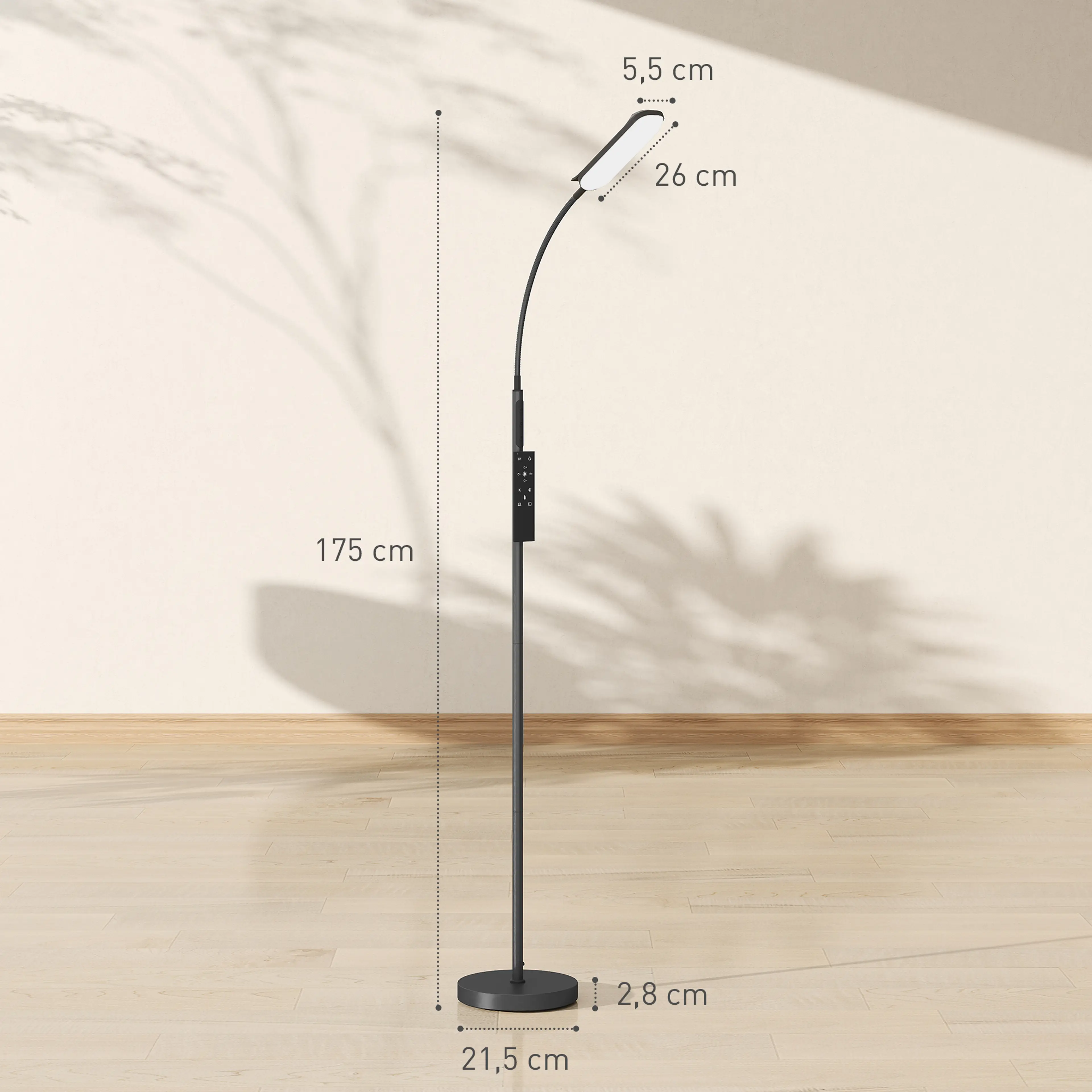 Måttskiss: 175 cm höjd, skärm 26 cm och fot 21,5 cm i diameter