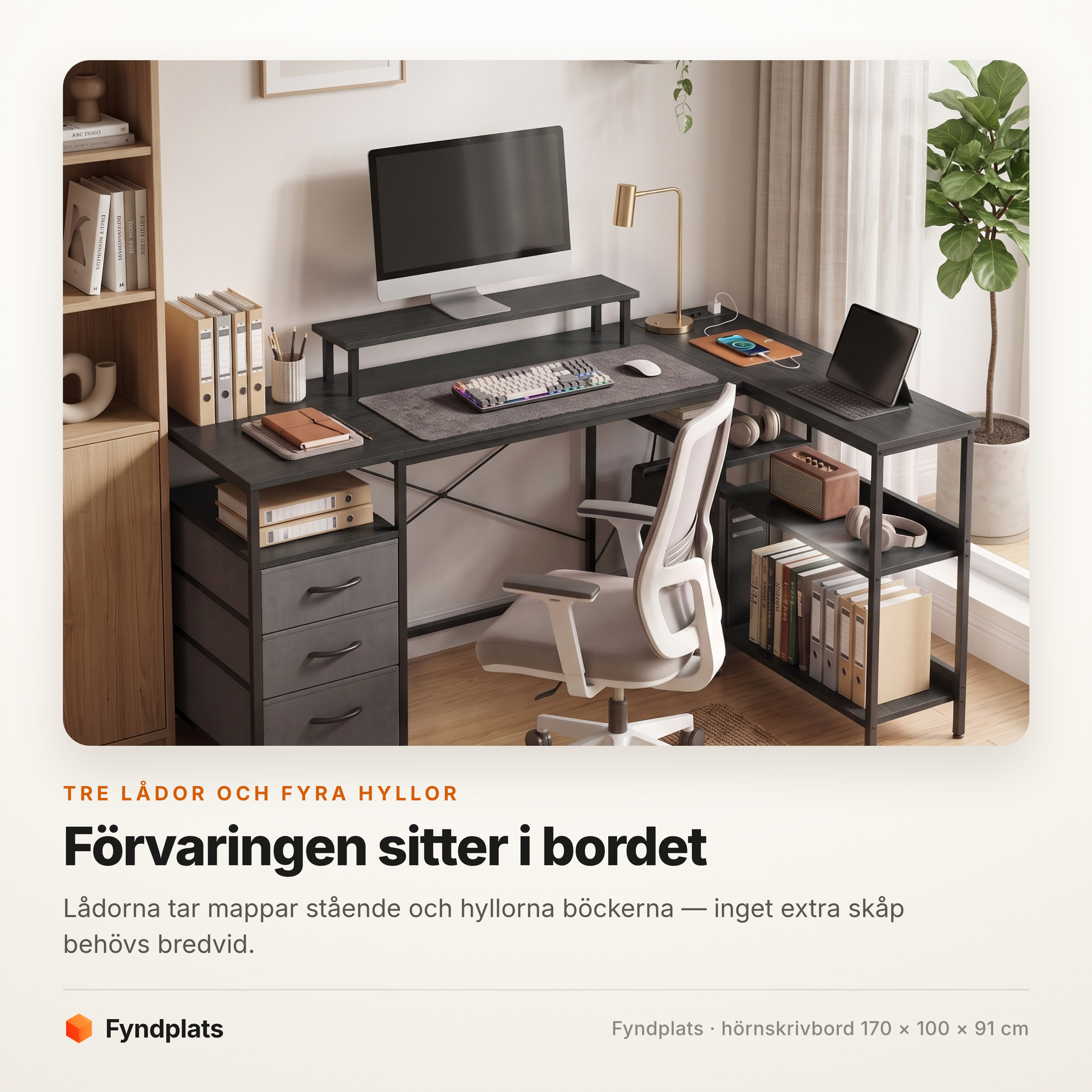 Hörnskrivbord 170 cm med tre lådor – svart – bild 2