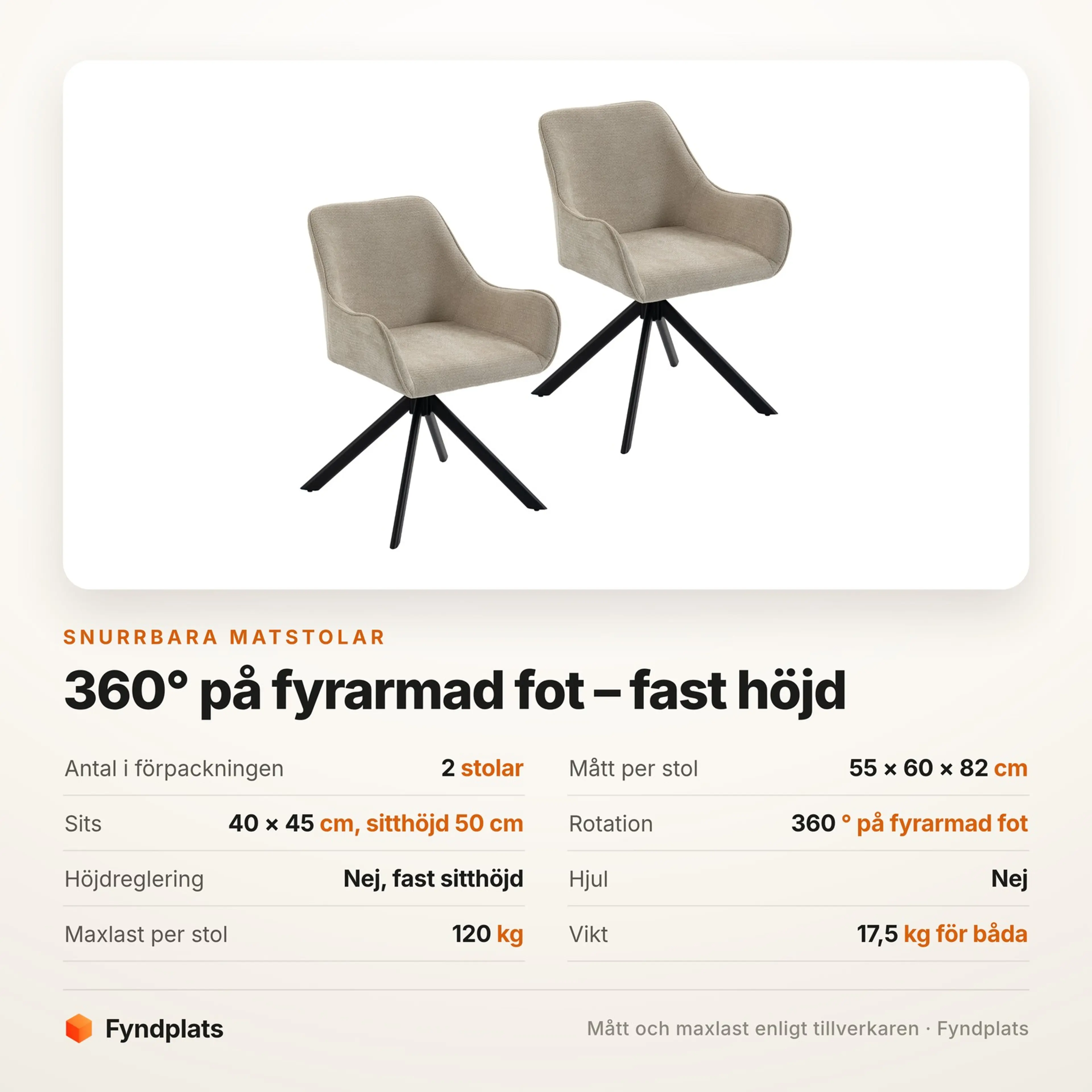 Spec-kort för matstolarna: 2 i förpackningen, 360° rotation och fast sitthöjd 50 cm