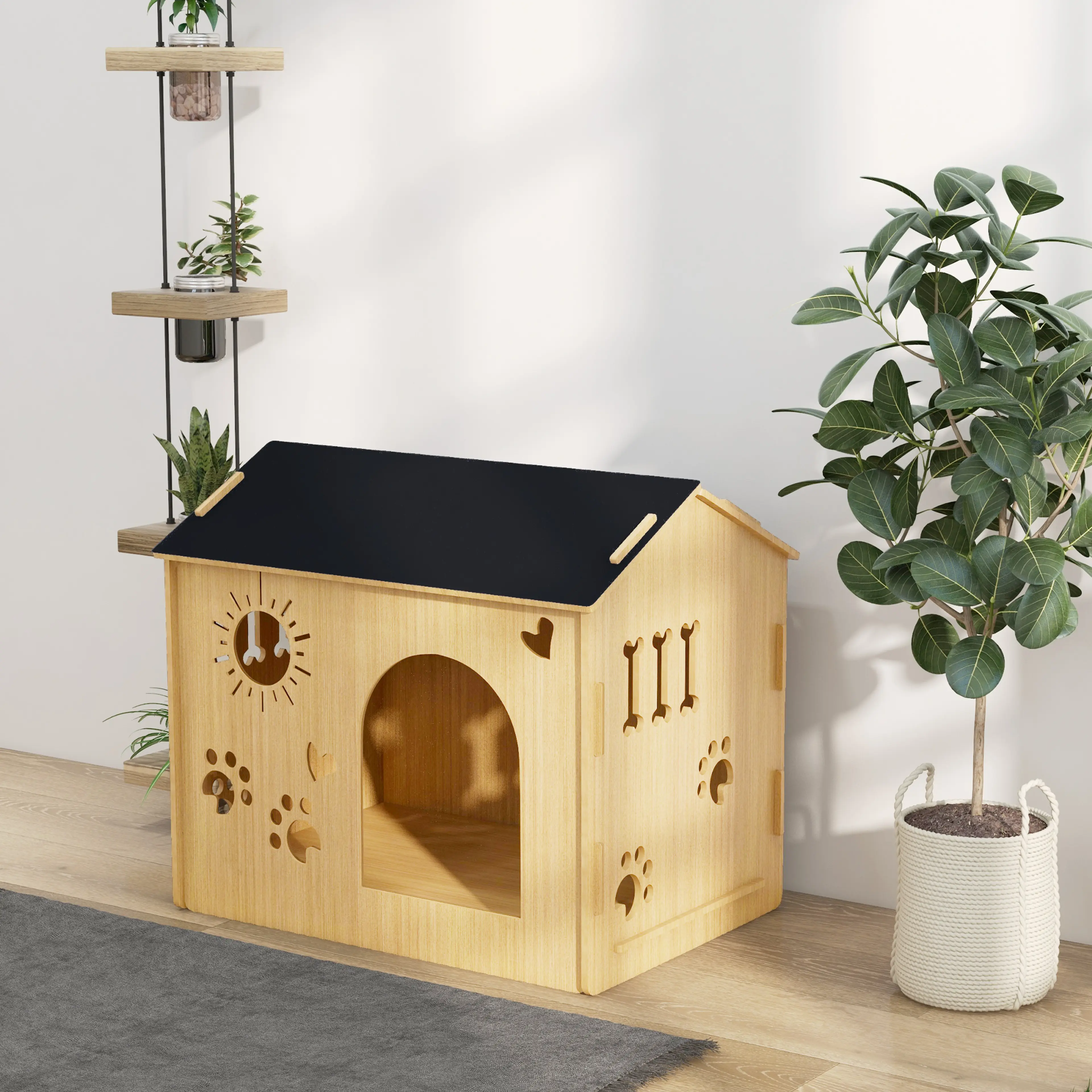 Hundkojan inredd i ett vardagsrum bredvid en krukväxt