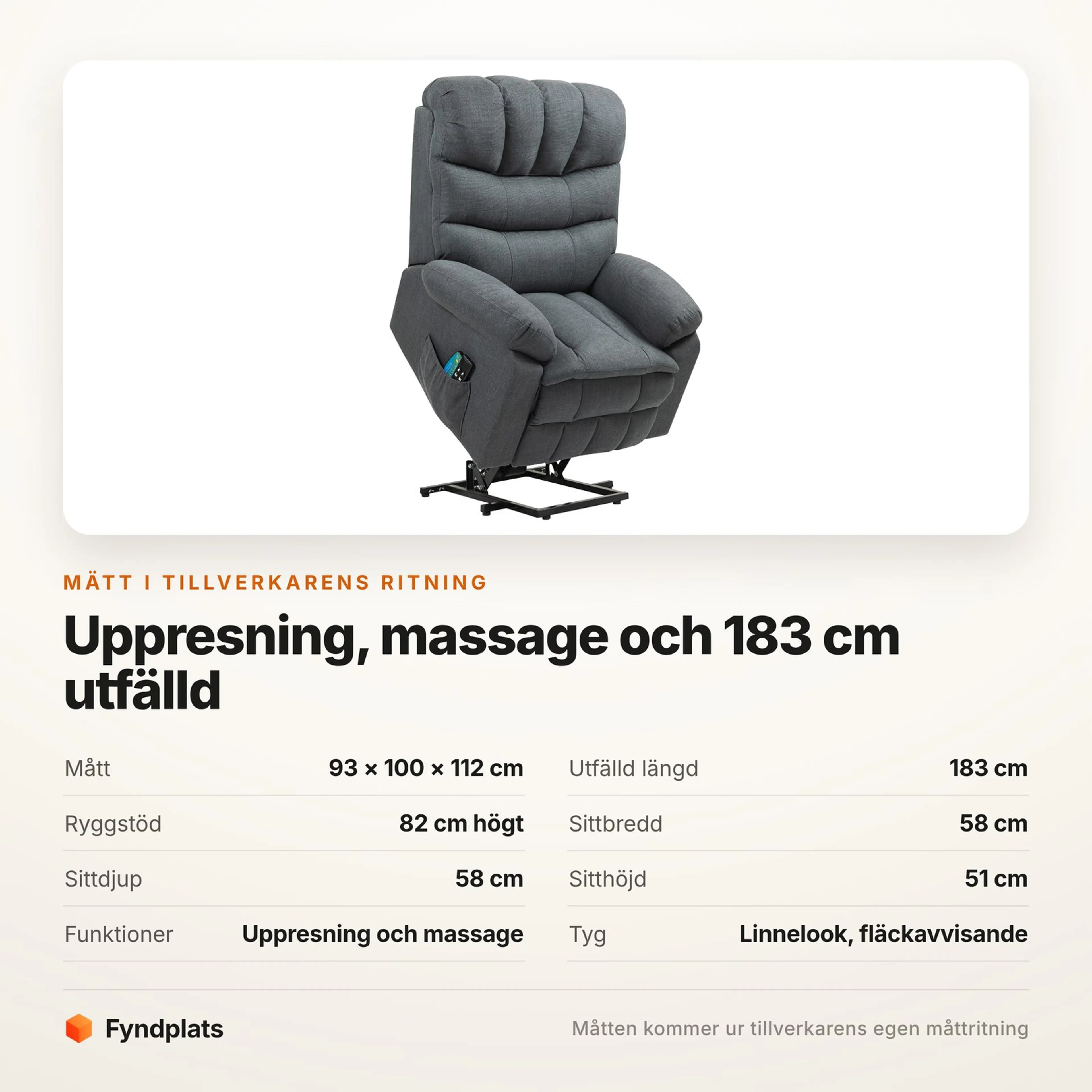 Fyndplats faktakort: mått, sitthöjd, utfälld längd och funktioner