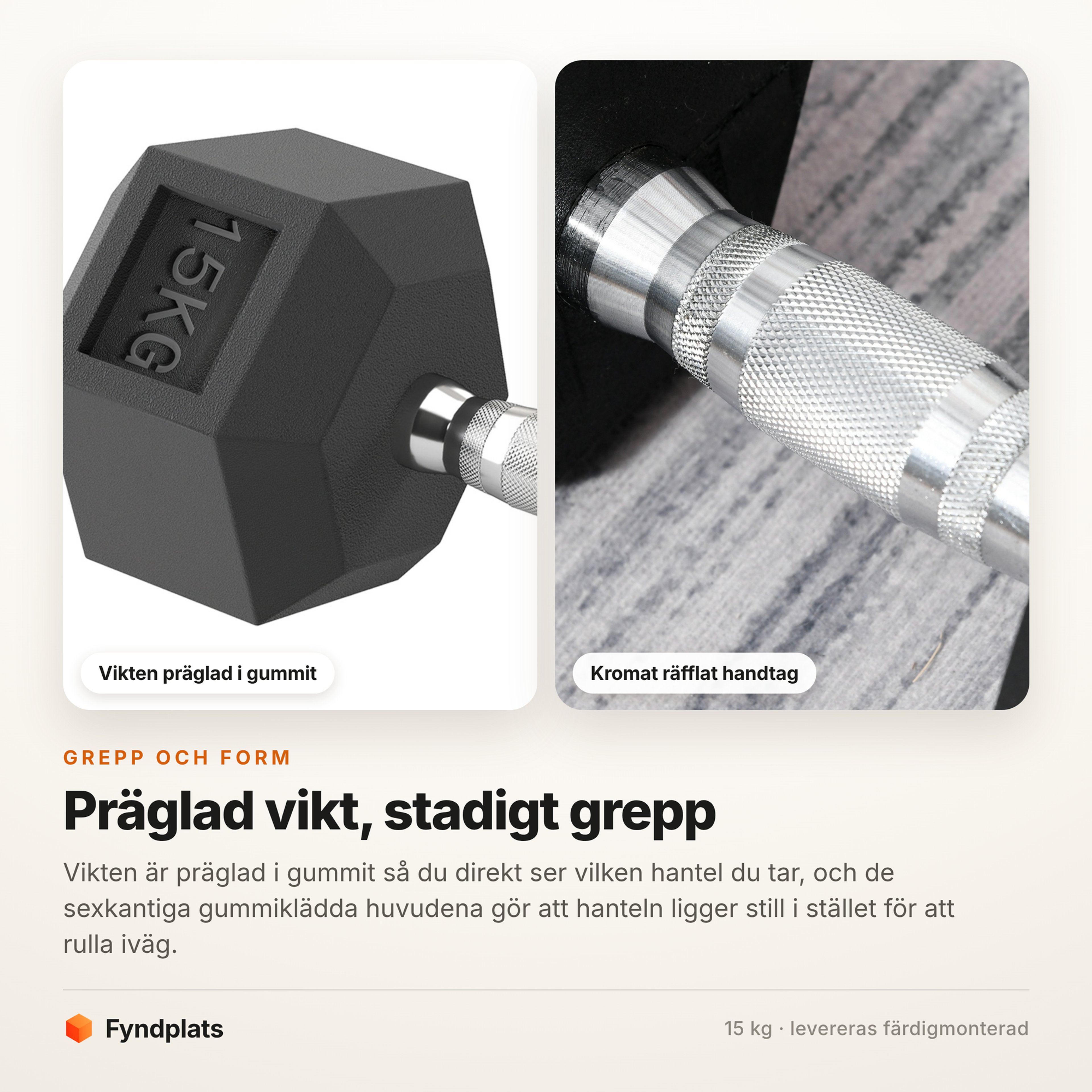 Fyndplats detaljkort: hexhantelns präglade viktmarkering och räfflade kromgrepp.