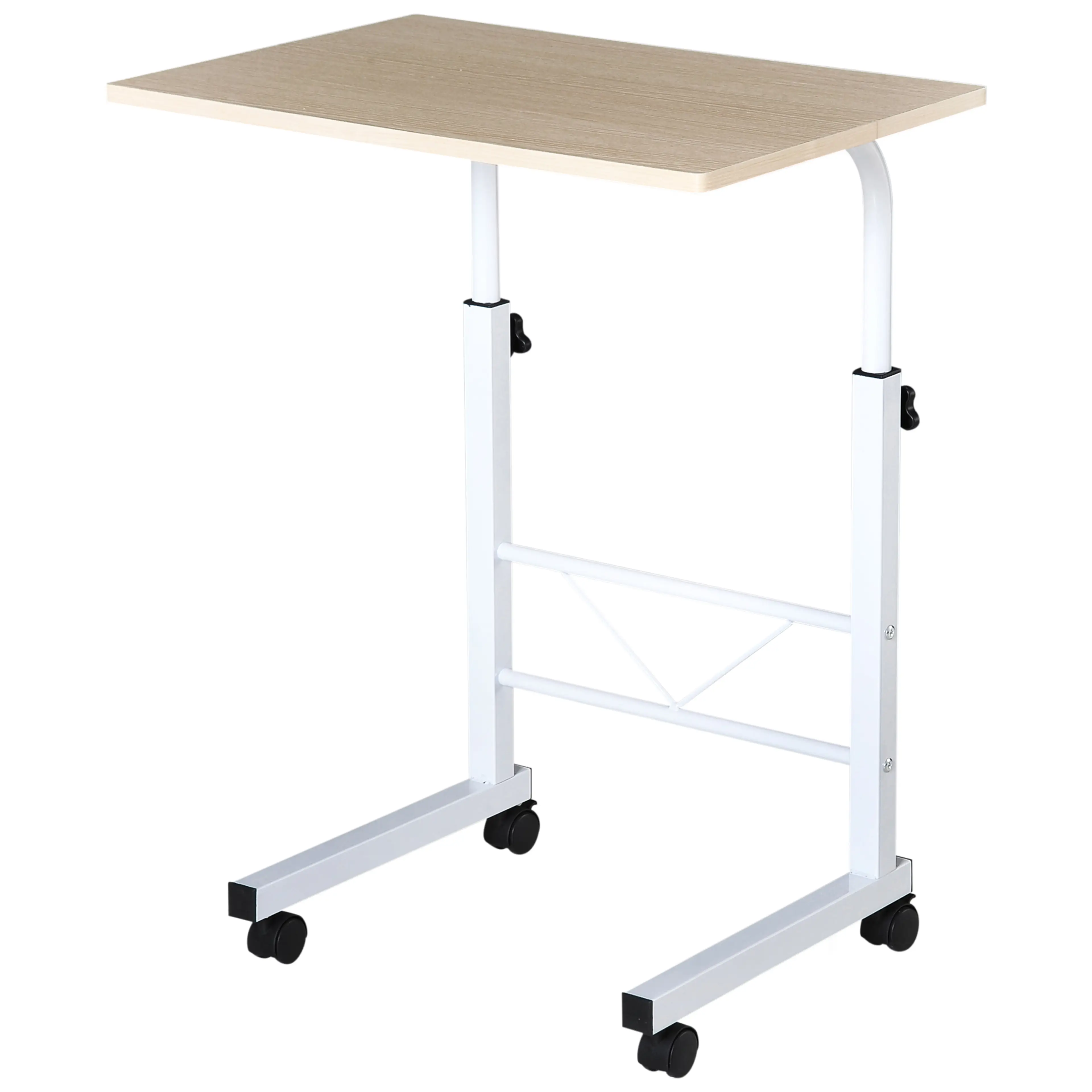 Sidobord på hjul med C-form – höjd 68–78 cm, lönnlook och vit stomme