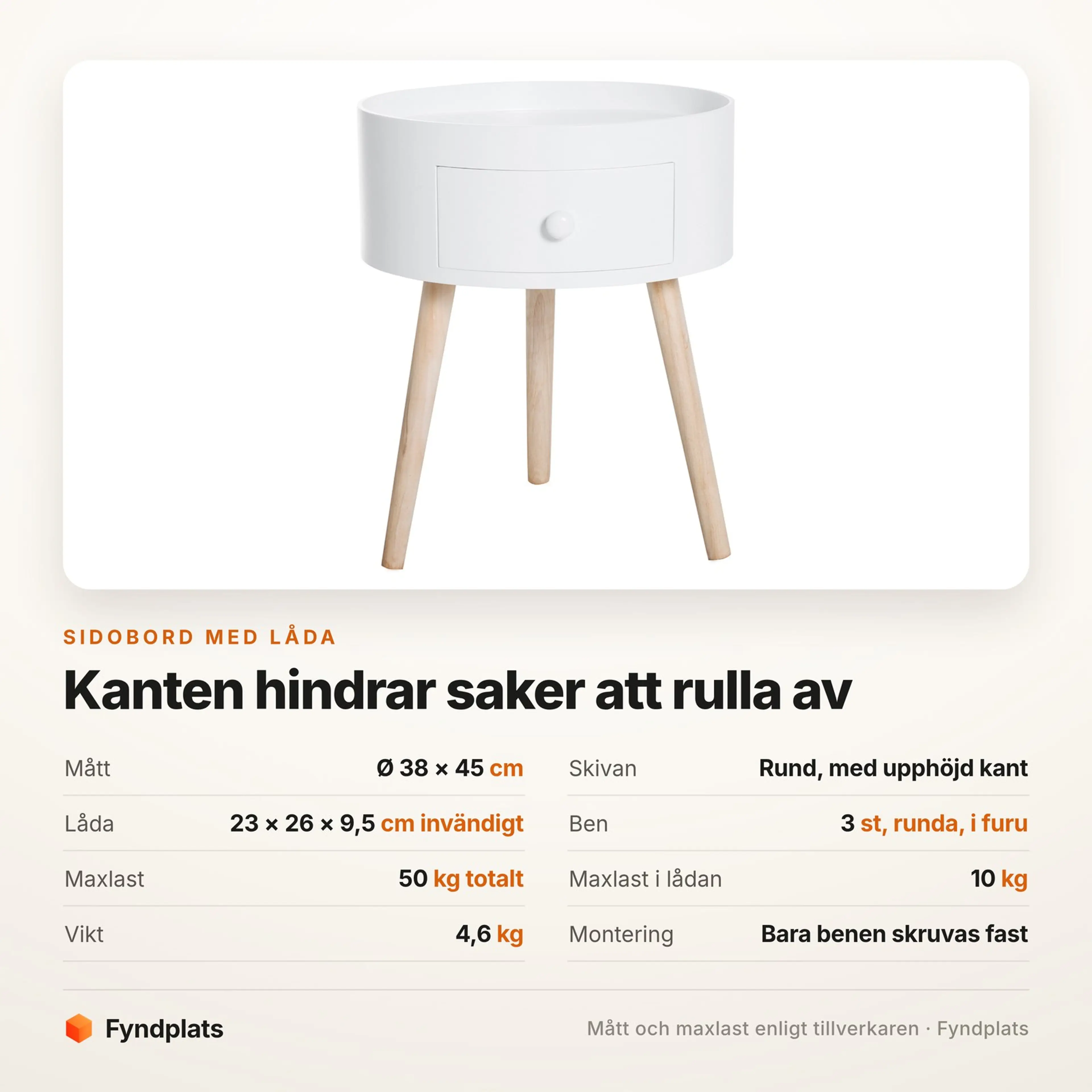 Spec-kort för sidobordet: Ø 38 × 45 cm, låda 23 × 26 × 9,5 cm och 50 kg maxlast