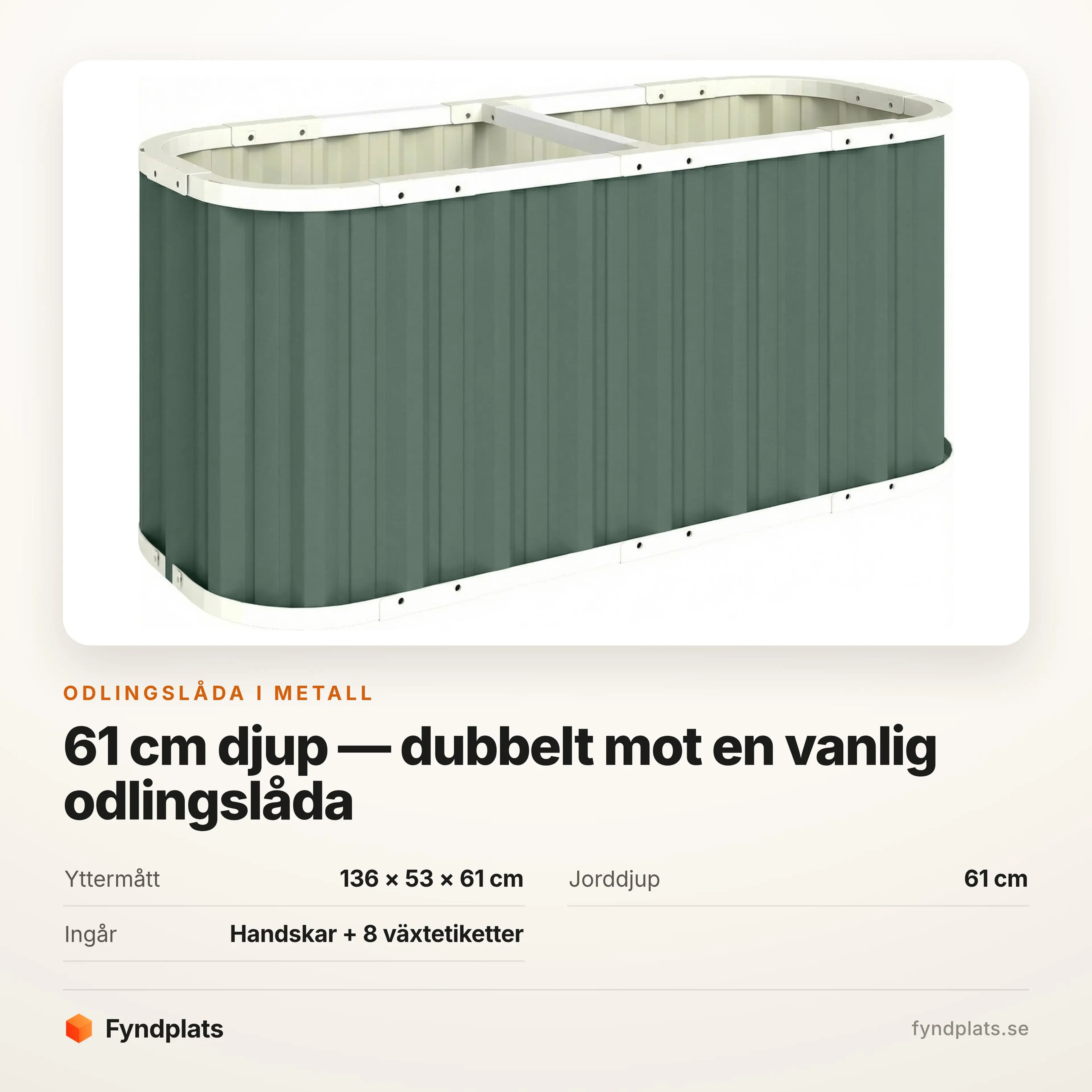 Specifikation: 136 × 53 × 61 cm, 61 cm jorddjup, handskar och åtta växtetiketter ingår