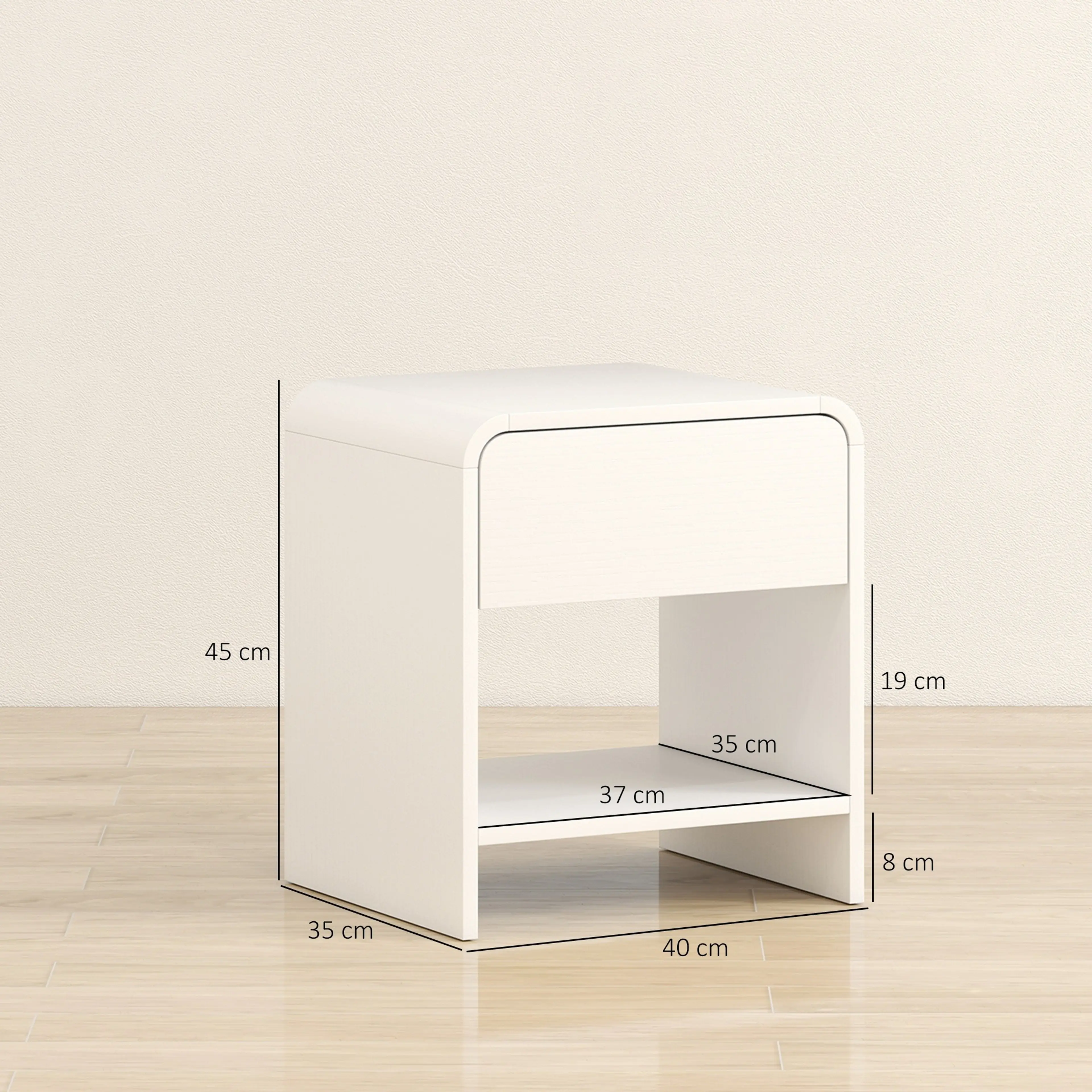 Måttdiagram för sängbordet – 40 × 35 × 45 cm, hylla 37 × 35 cm, benhöjd 8 cm