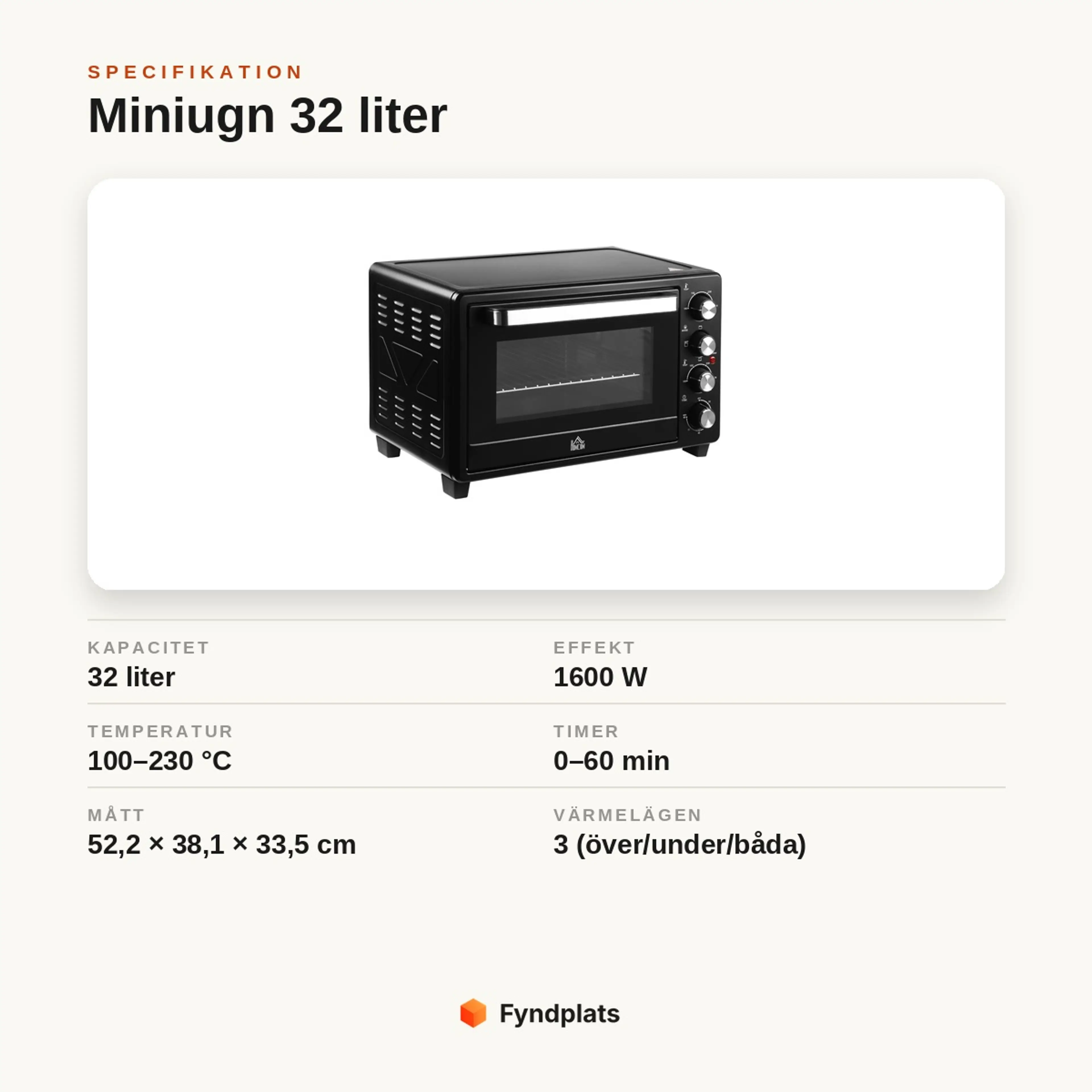 Specifikationskort: miniugn 32 liter, 1600 W, temperatur 100–230 °C, timer 0–60 min, mått 52,2 × 38,1 × 33,5 cm