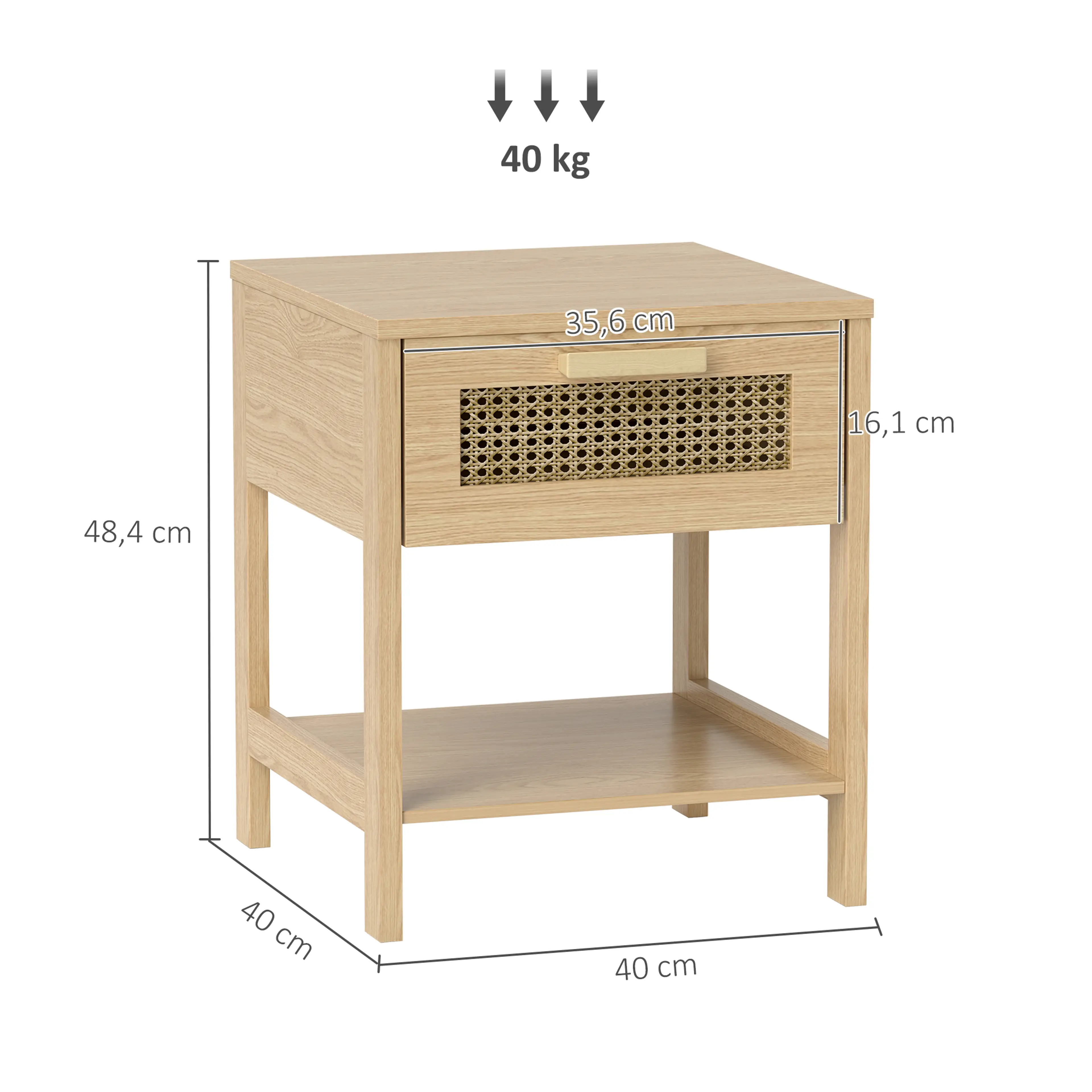Måttbild: nattduksbordet är 40 × 40 cm och 48,4 cm högt och bär 40 kg