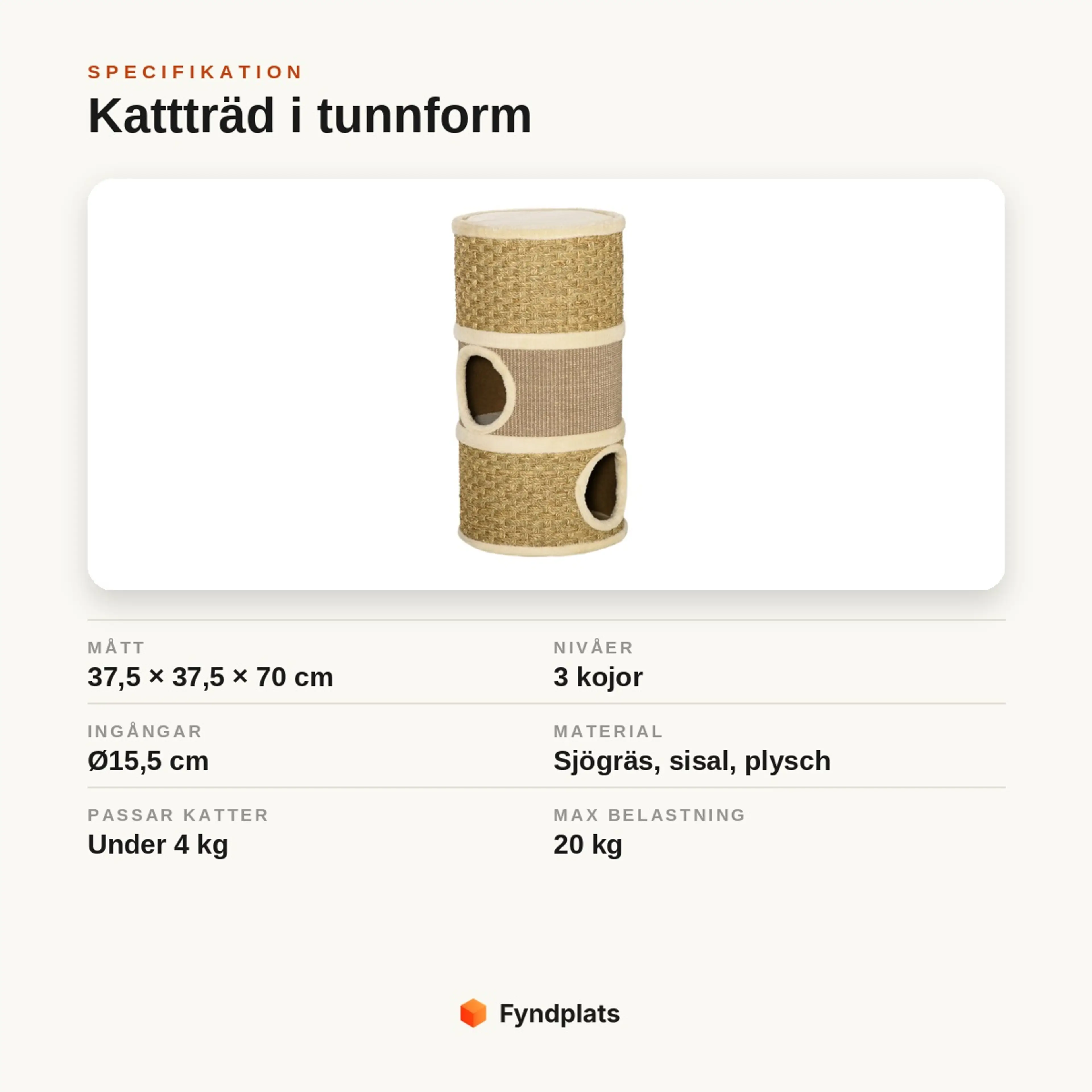 Specifikationskort: kattträd i tunnform 37,5 × 37,5 × 70 cm med 3 kojor, sjögräs och sisal, för katter under 4 kg