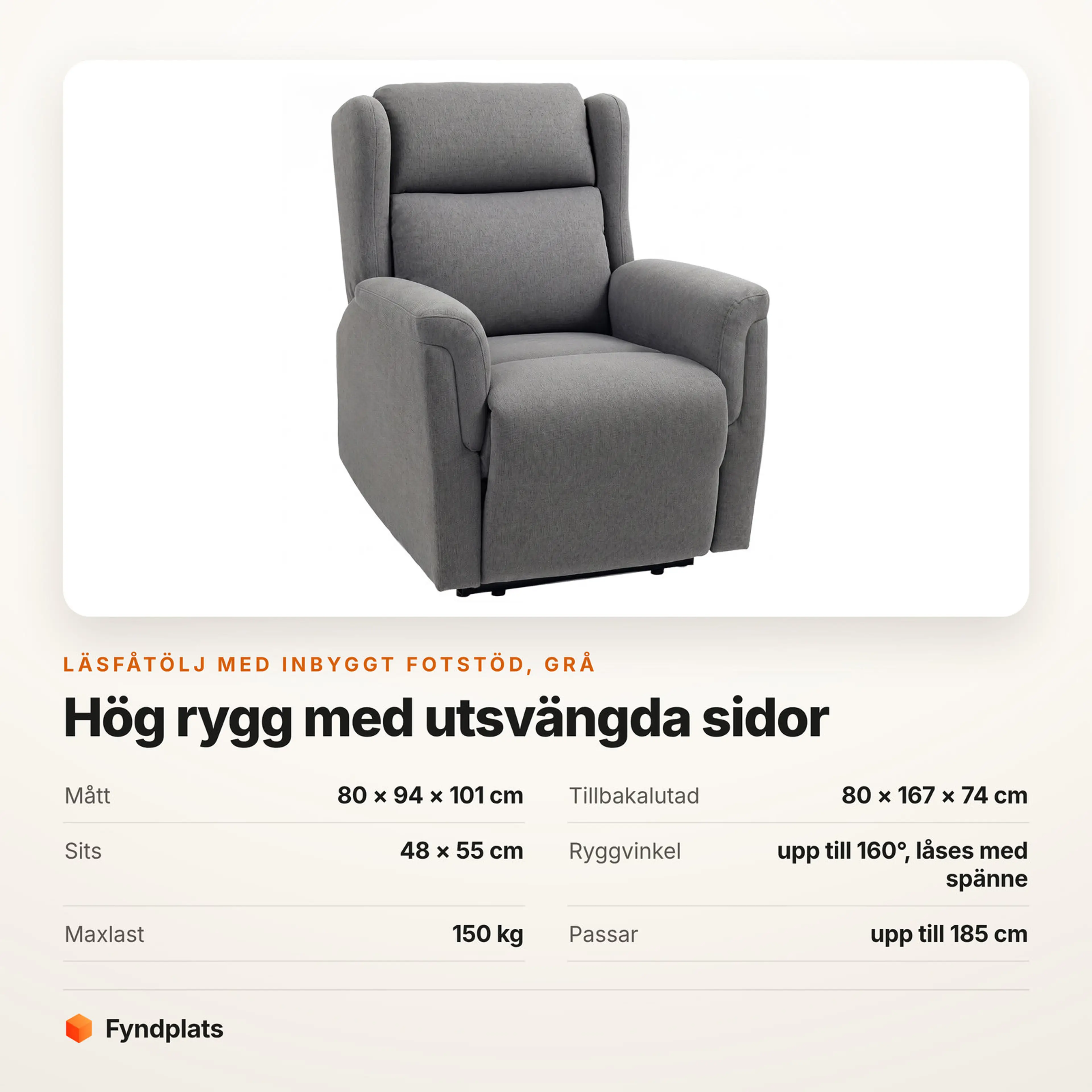 Grå läsfåtölj med inbyggt fotstöd, mått och ryggvinkel 160 grader