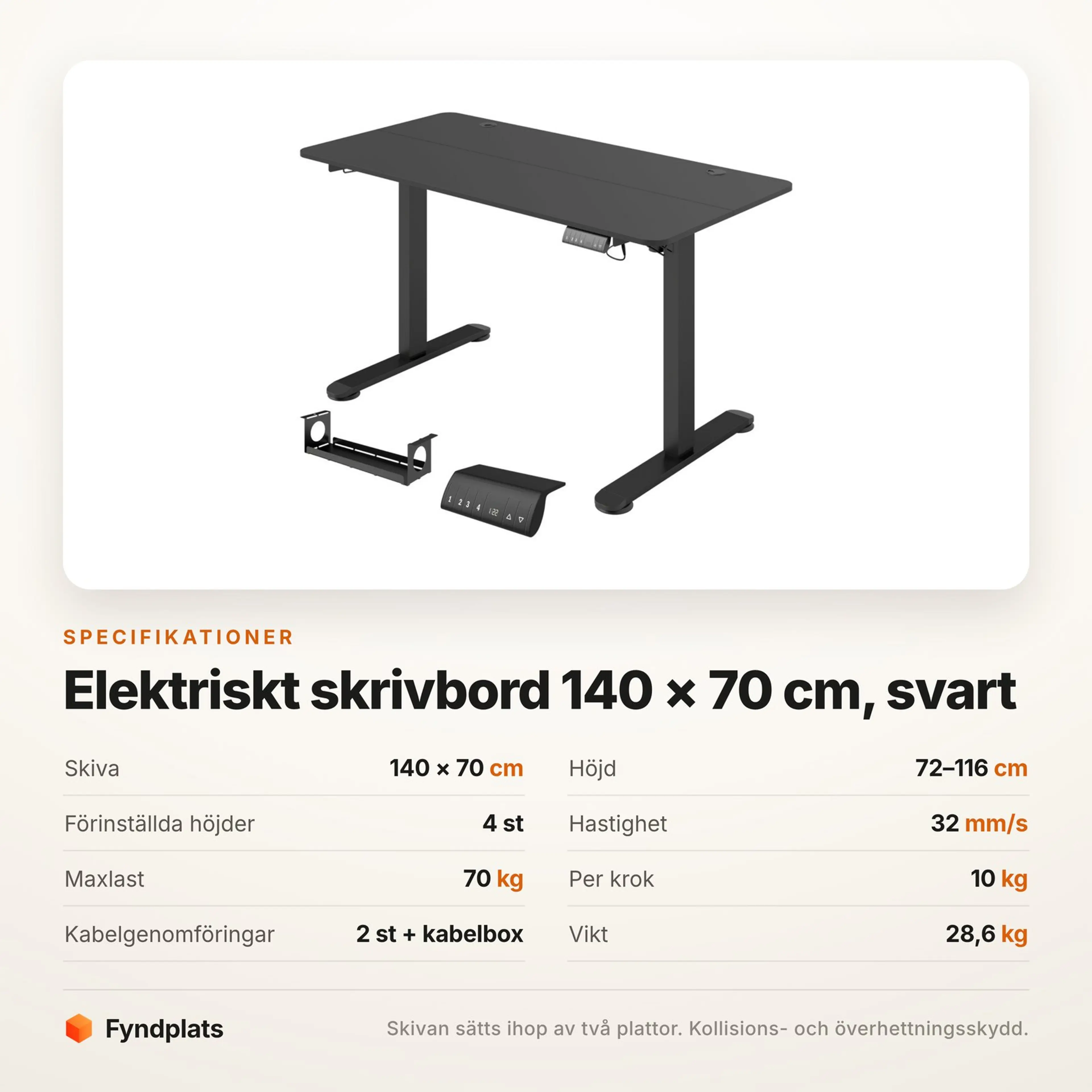 Fyndplats specifikationskort med bordets mått, höjdspann och maxlast