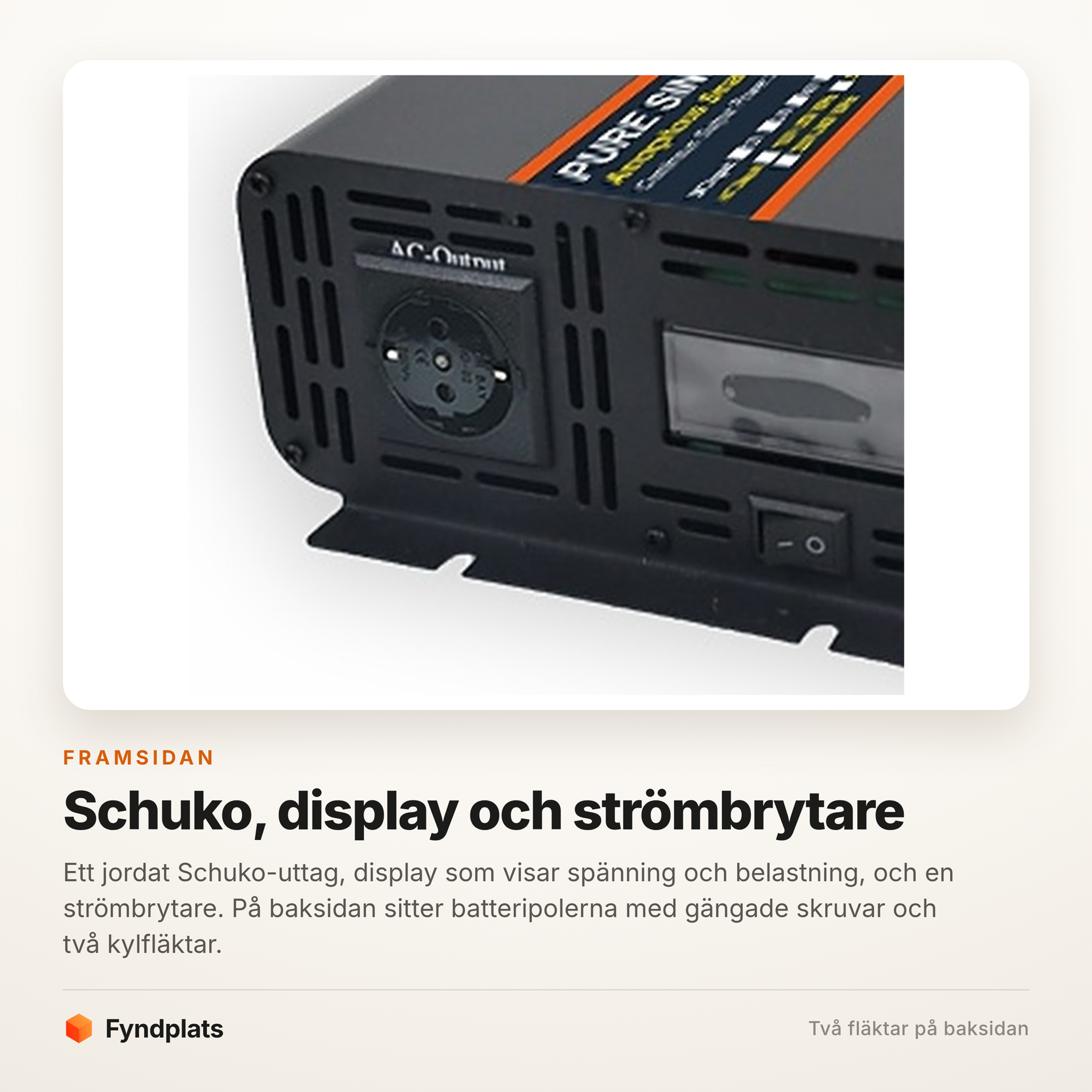 Växelriktarens framsida med jordat Schuko-uttag, display och strömbrytare