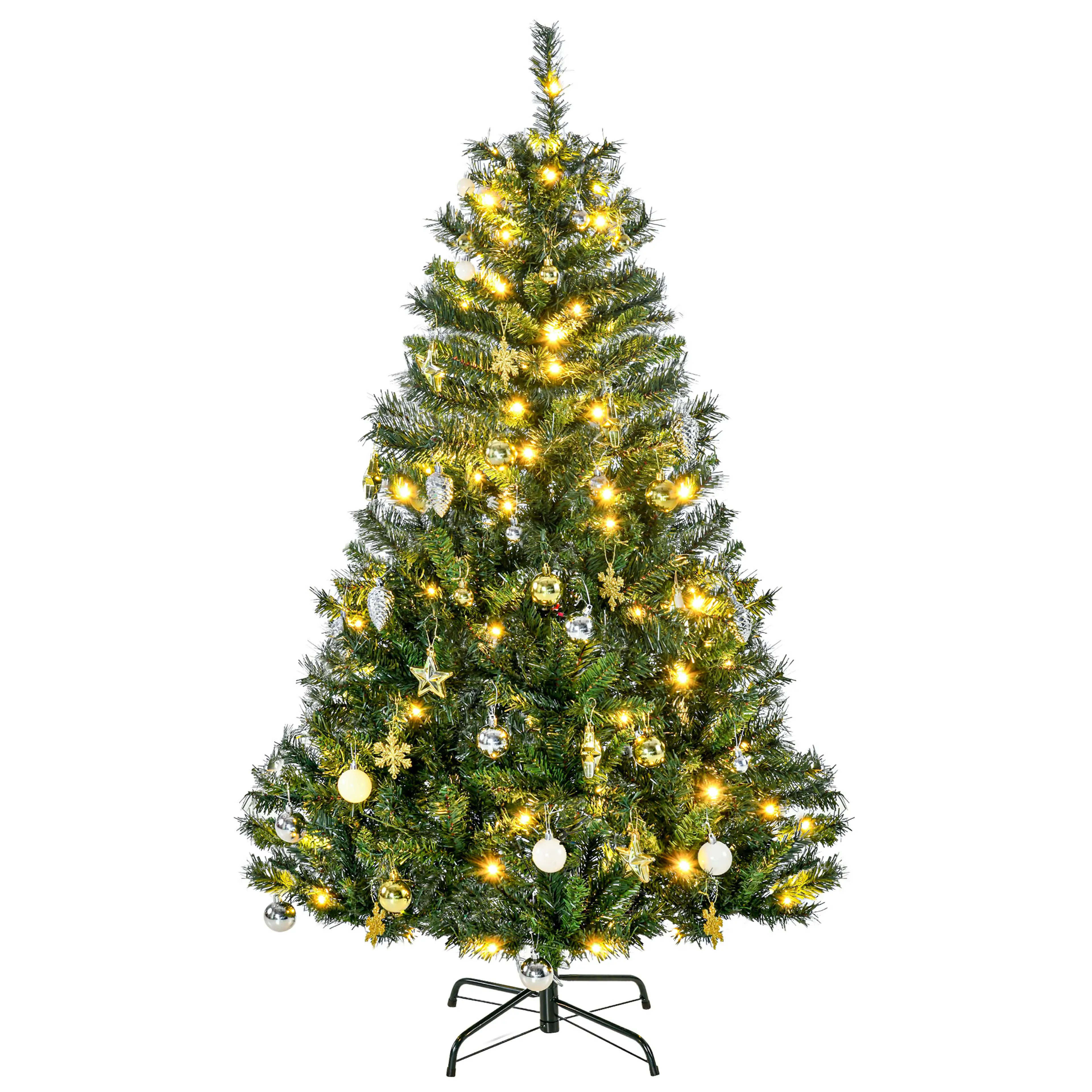 Julgran på 150 cm med tända varmvita LED, julkulor och kottar, på en fot i metall mot vit bakgrund