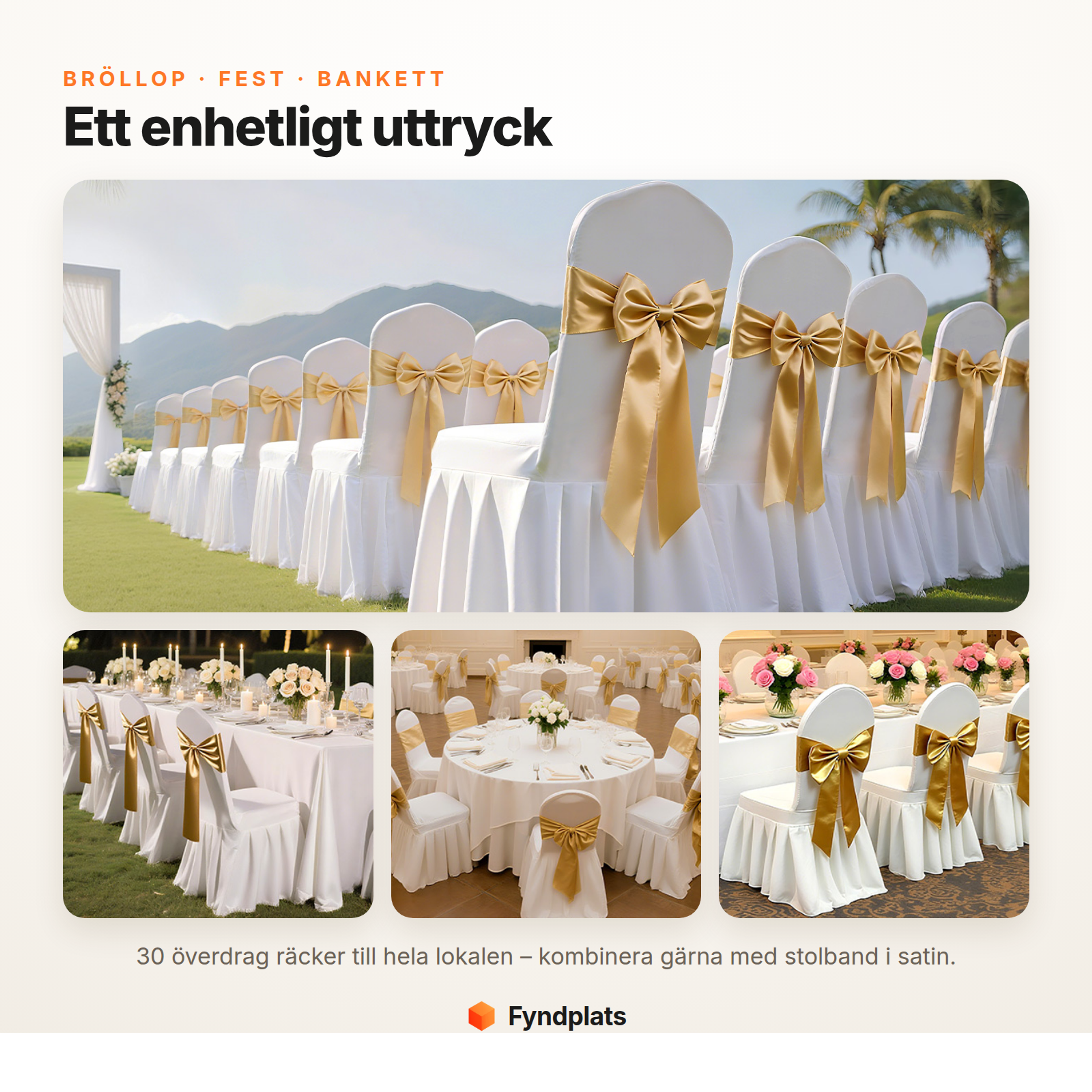 Vita stolsöverdrag med guldband på bröllop, fest och bankett – enhetligt uttryck