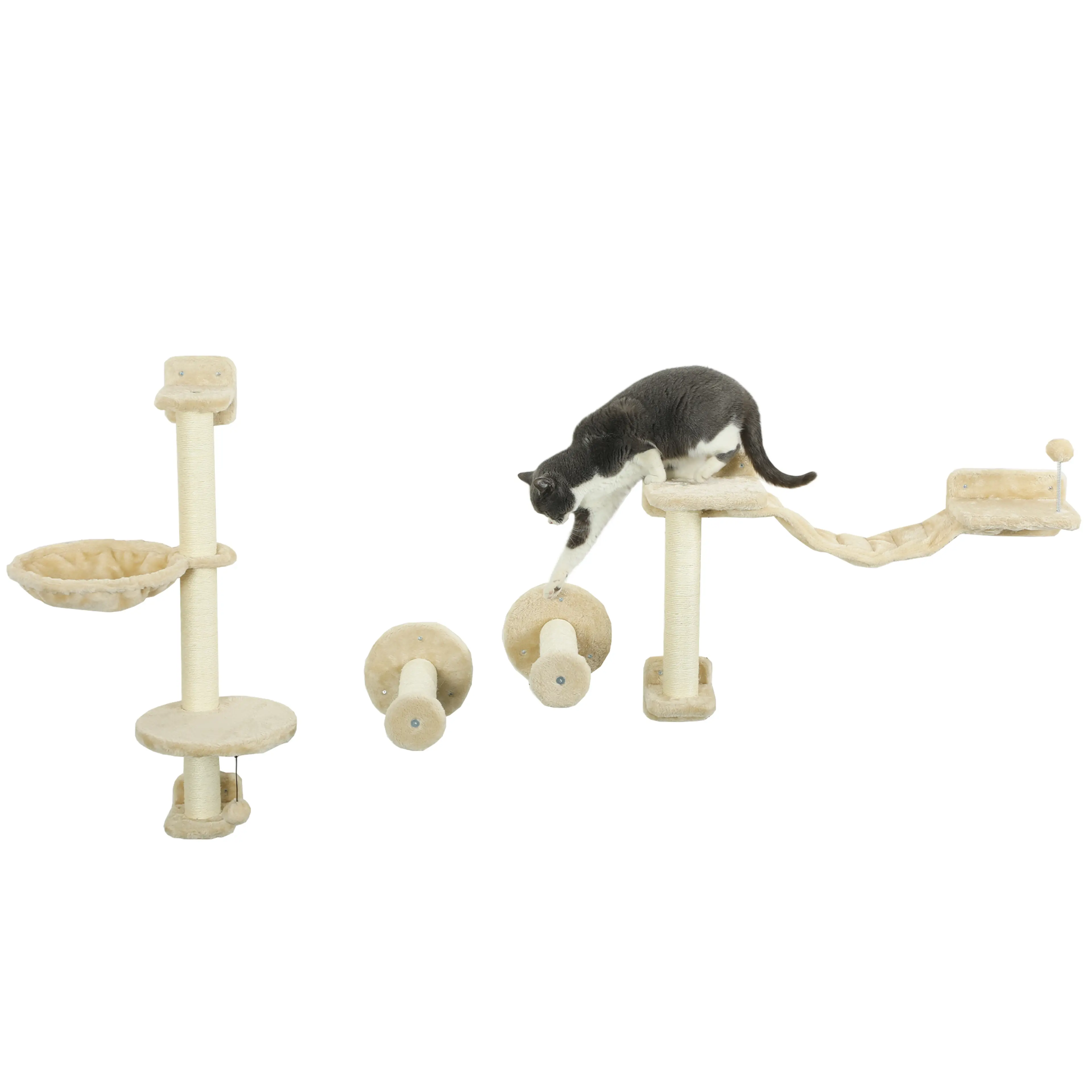 Klättervägg för katt med hängmatta – 4-delat set väggmonterade katthyllor, beige