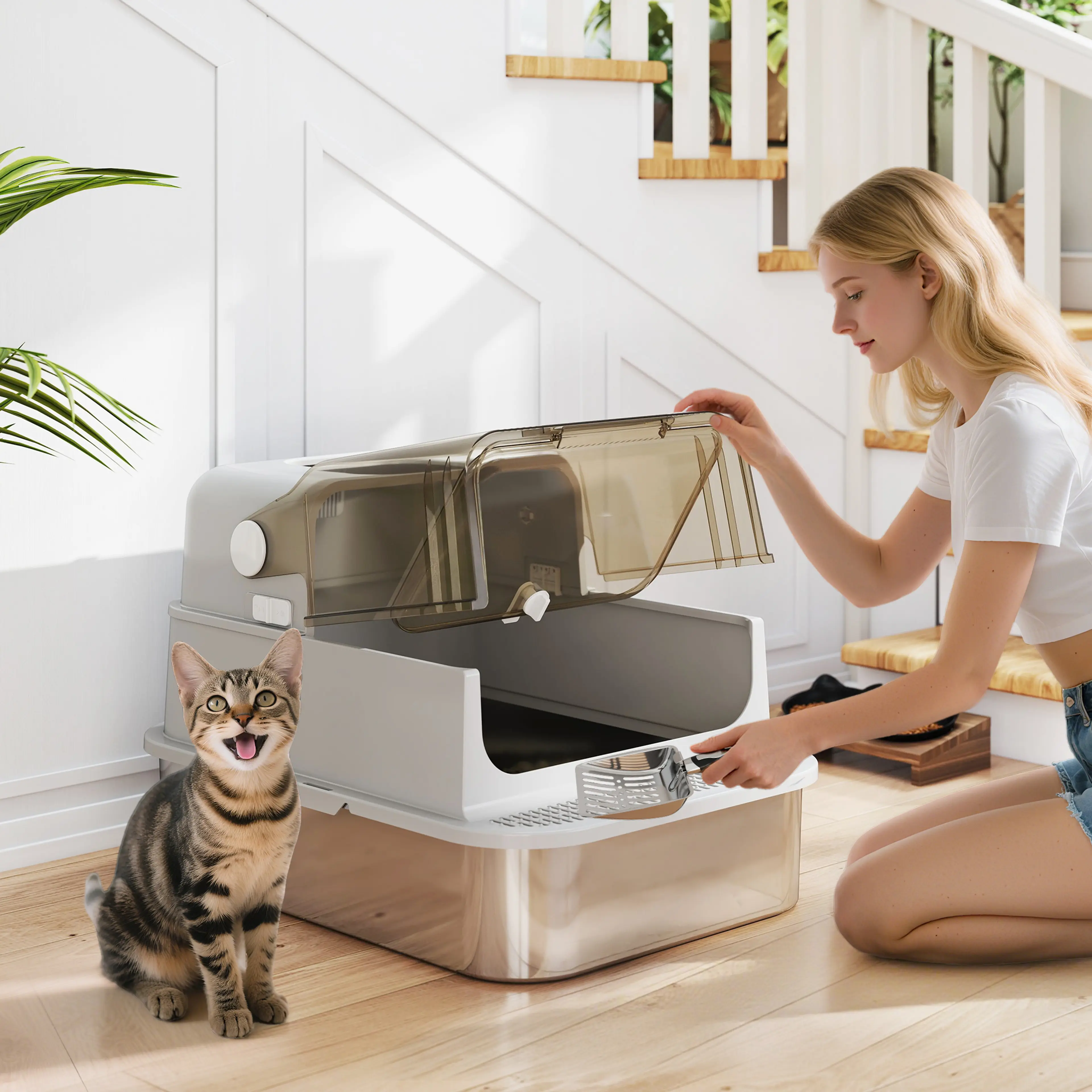 Täckt Kattlåda XXL i Rostfritt Stål – Stor Kattlåda med Lock och Skopa