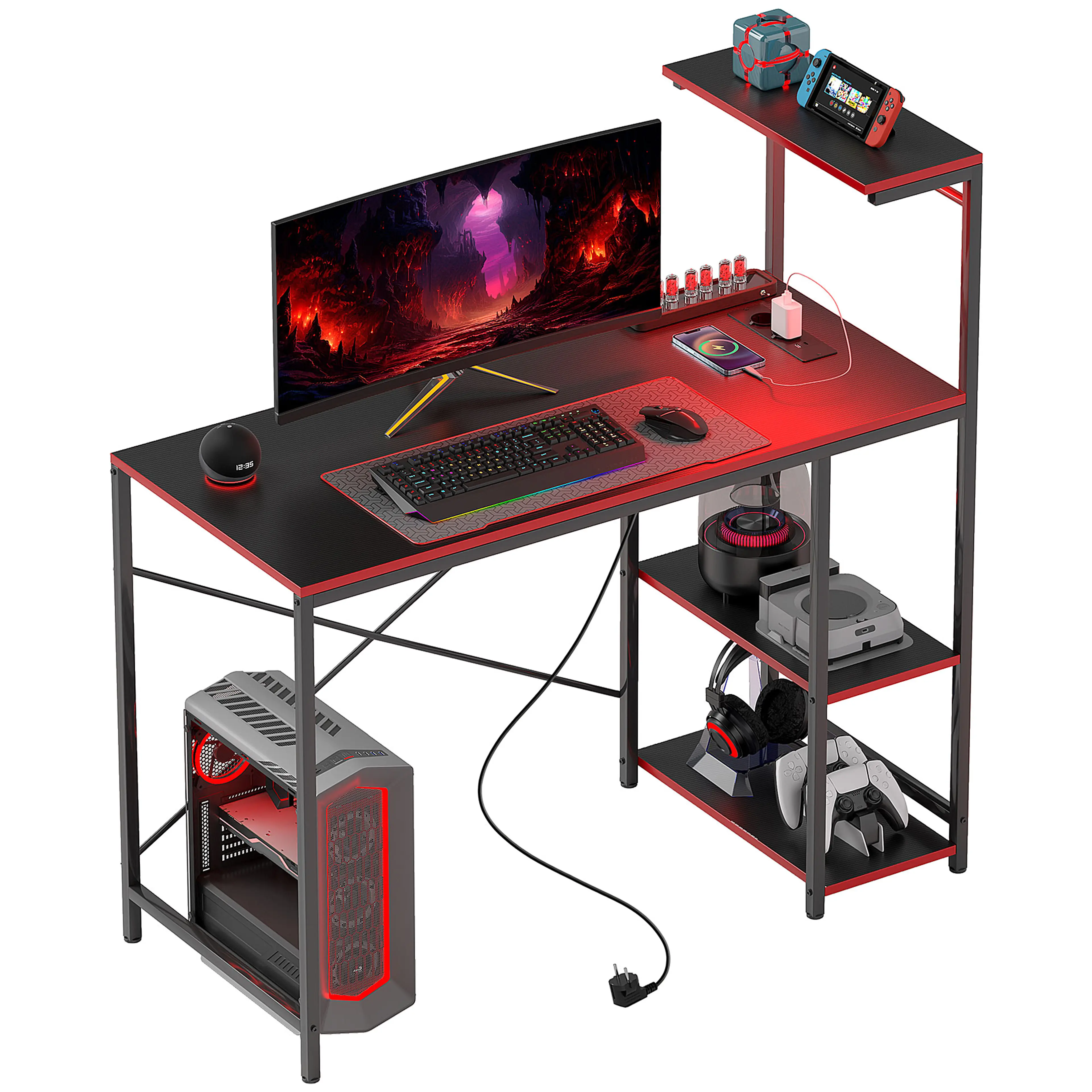 Gamingbord LED 110 cm – RGB-belysning, eluttag, USB och kolfiberlook