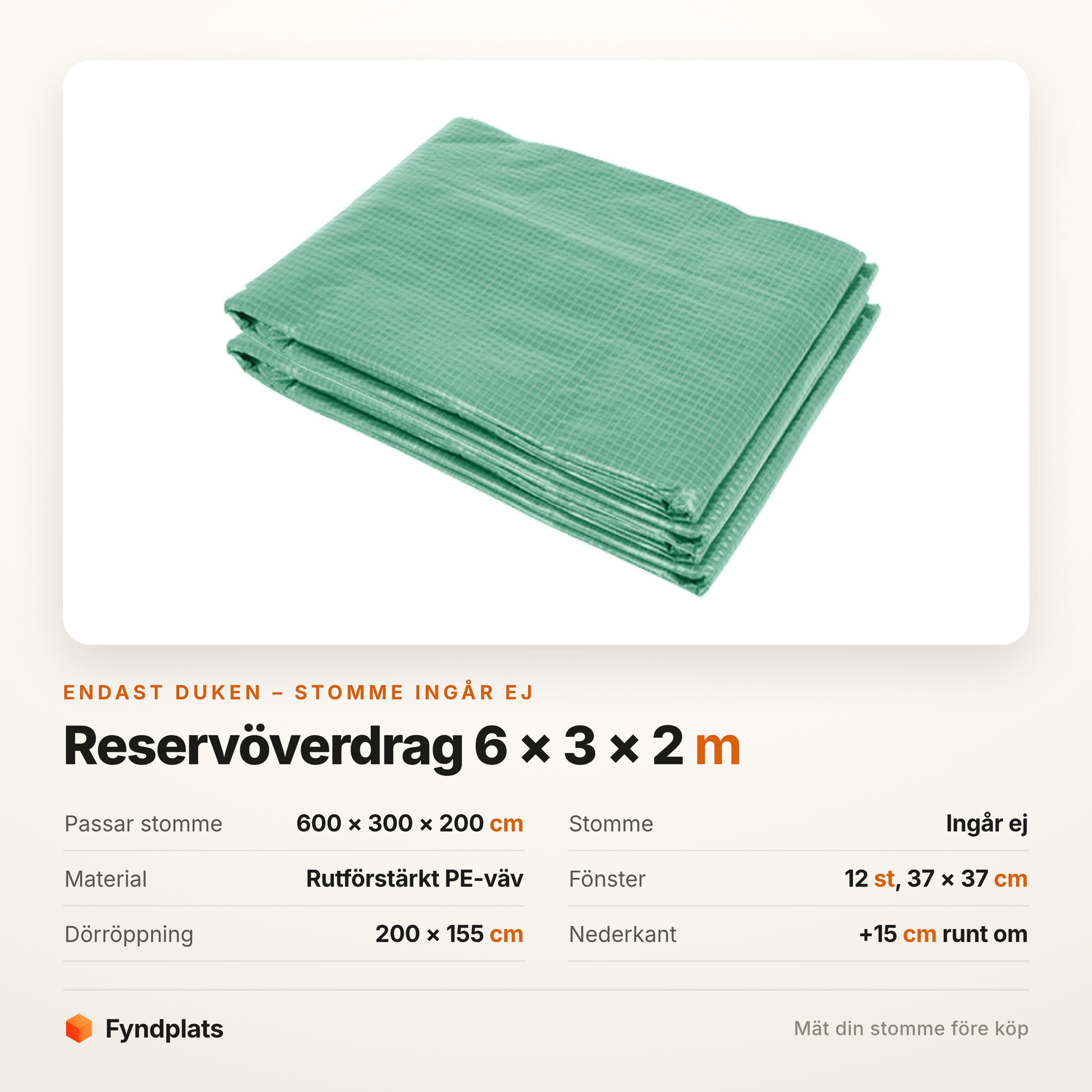 Fyndplats specifikationskort för reservöverdrag till tunnelväxthus 600 × 300 × 200 cm: rutförstärkt PE-väv, 12 fönster 37 × 37 cm, dörröppning 200 × 155 cm, 15 cm extra nederkant. Stomme ingår ej.