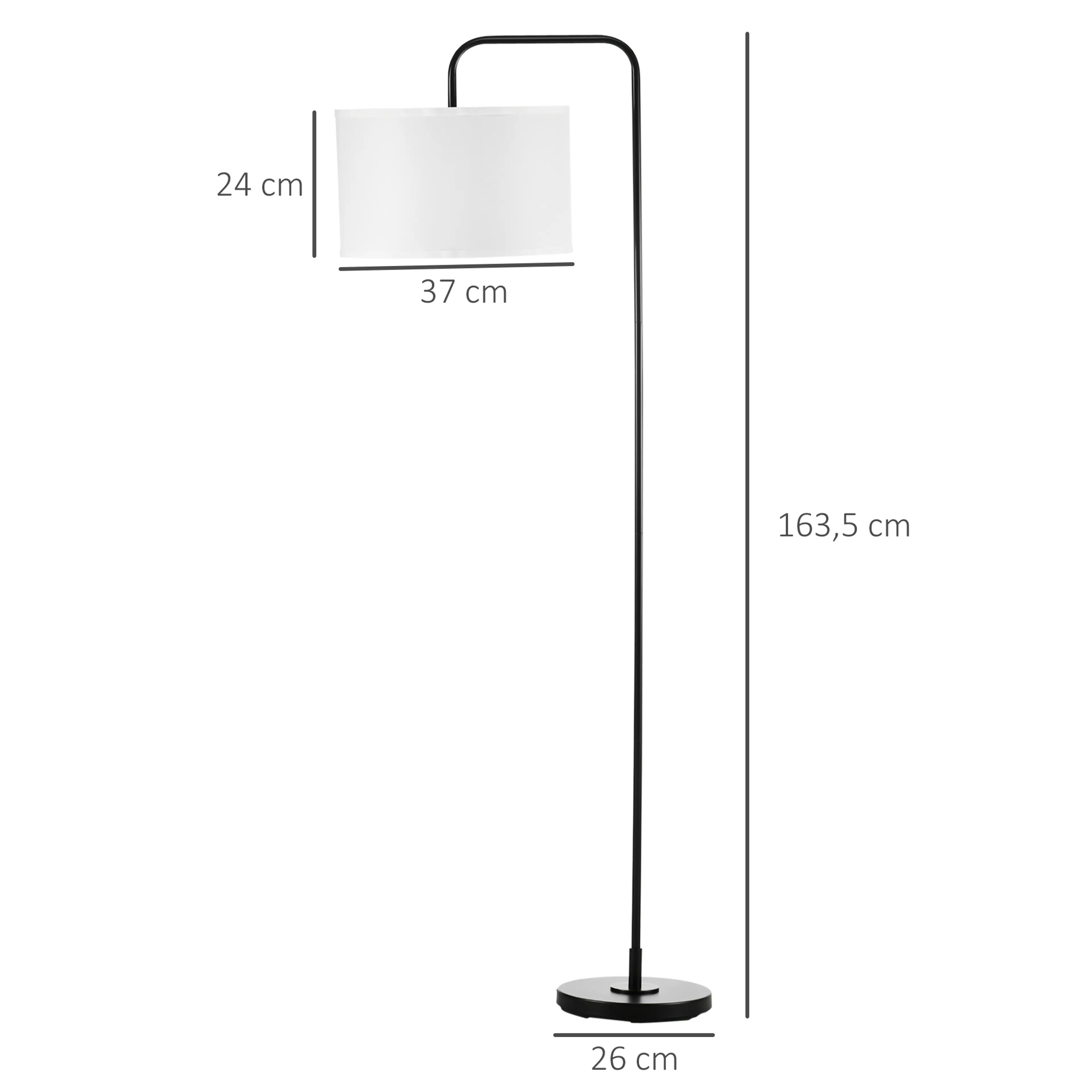 Måttskiss: 163,5 cm hög, skärm 37 x 24 cm och fot 26 cm