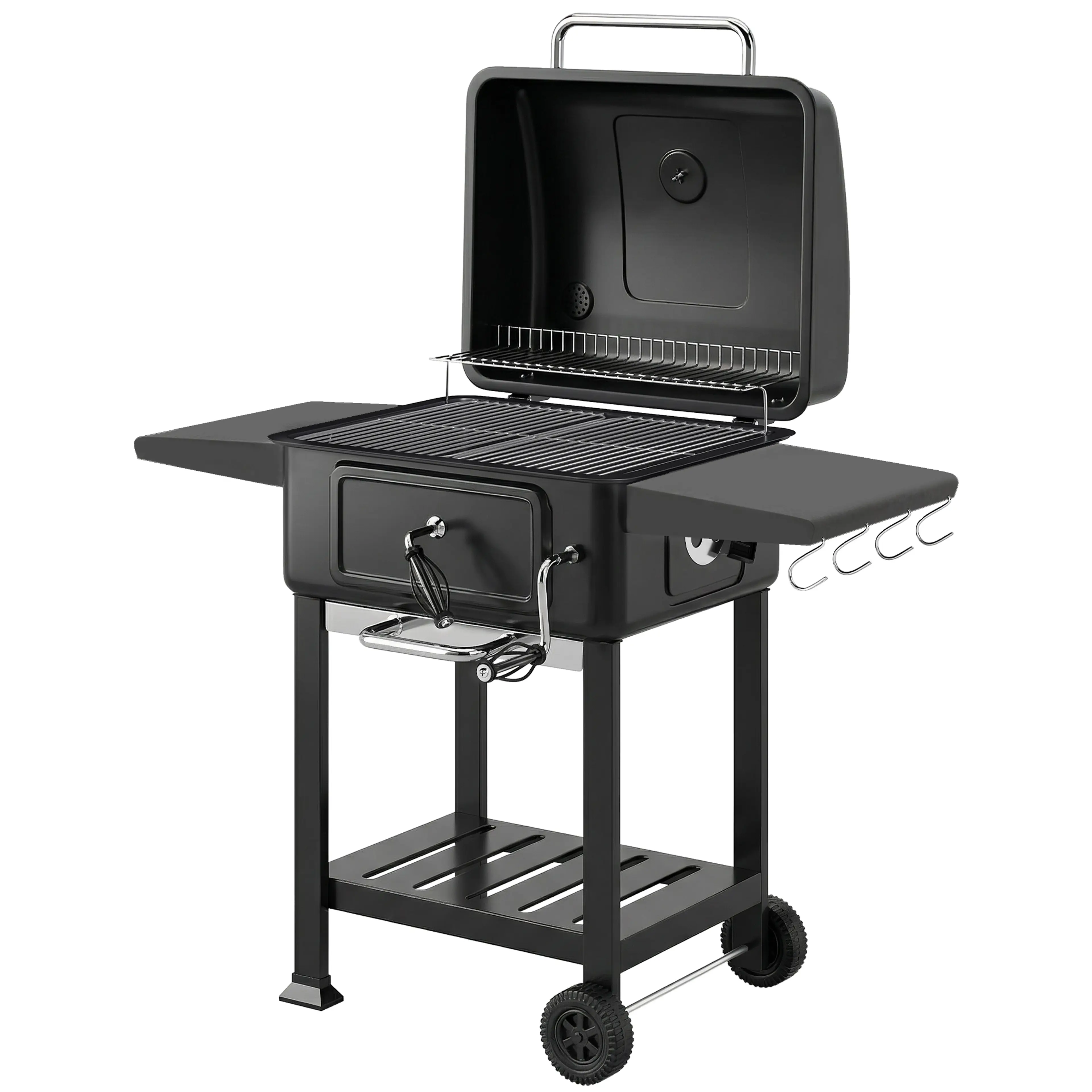 Kolgrill med smoker, termometer och höjdreglerbar kolpanna – 112 × 65 × 115 cm