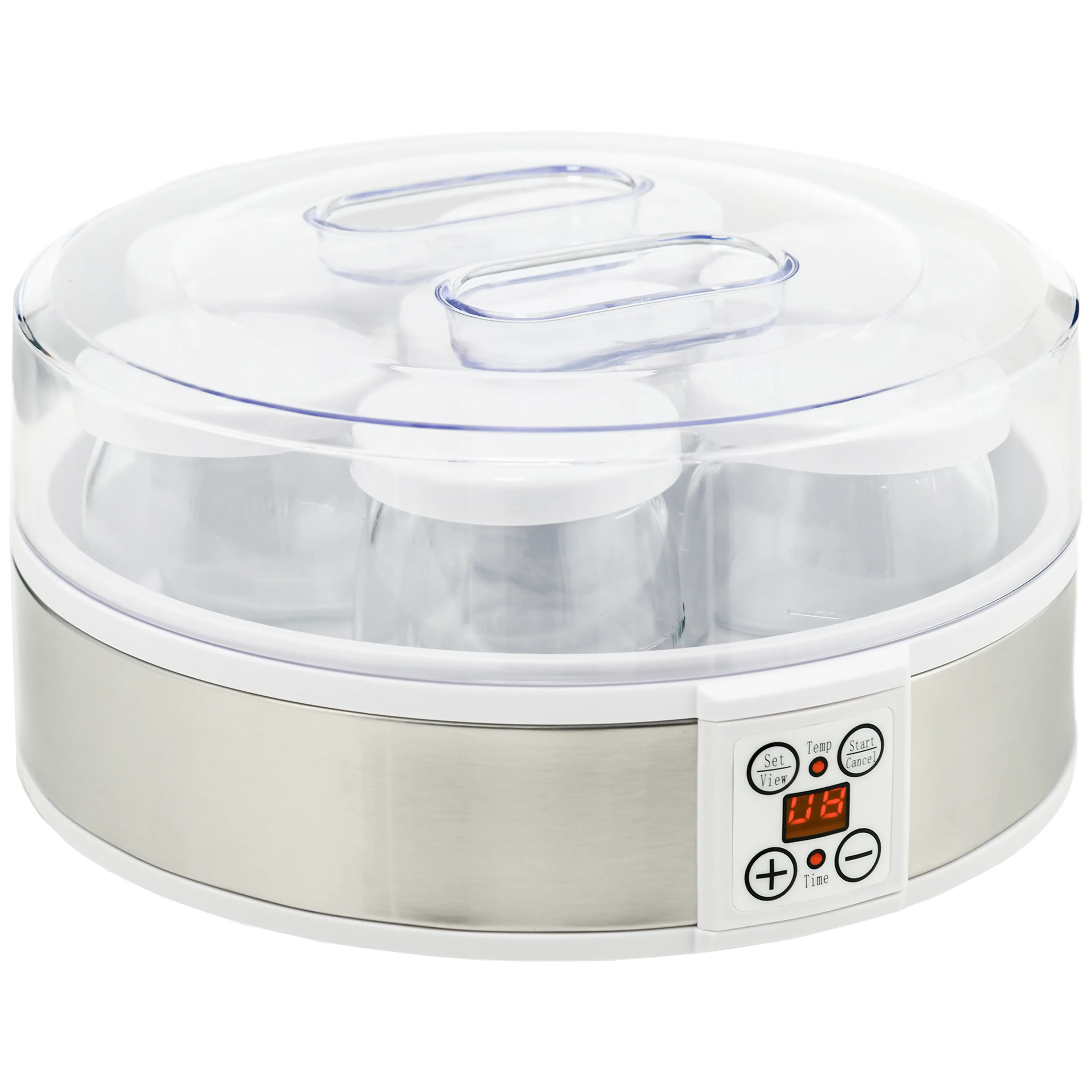 Rund yoghurtmaskin med genomskinligt lock, glasburkar och knappar med display framtill