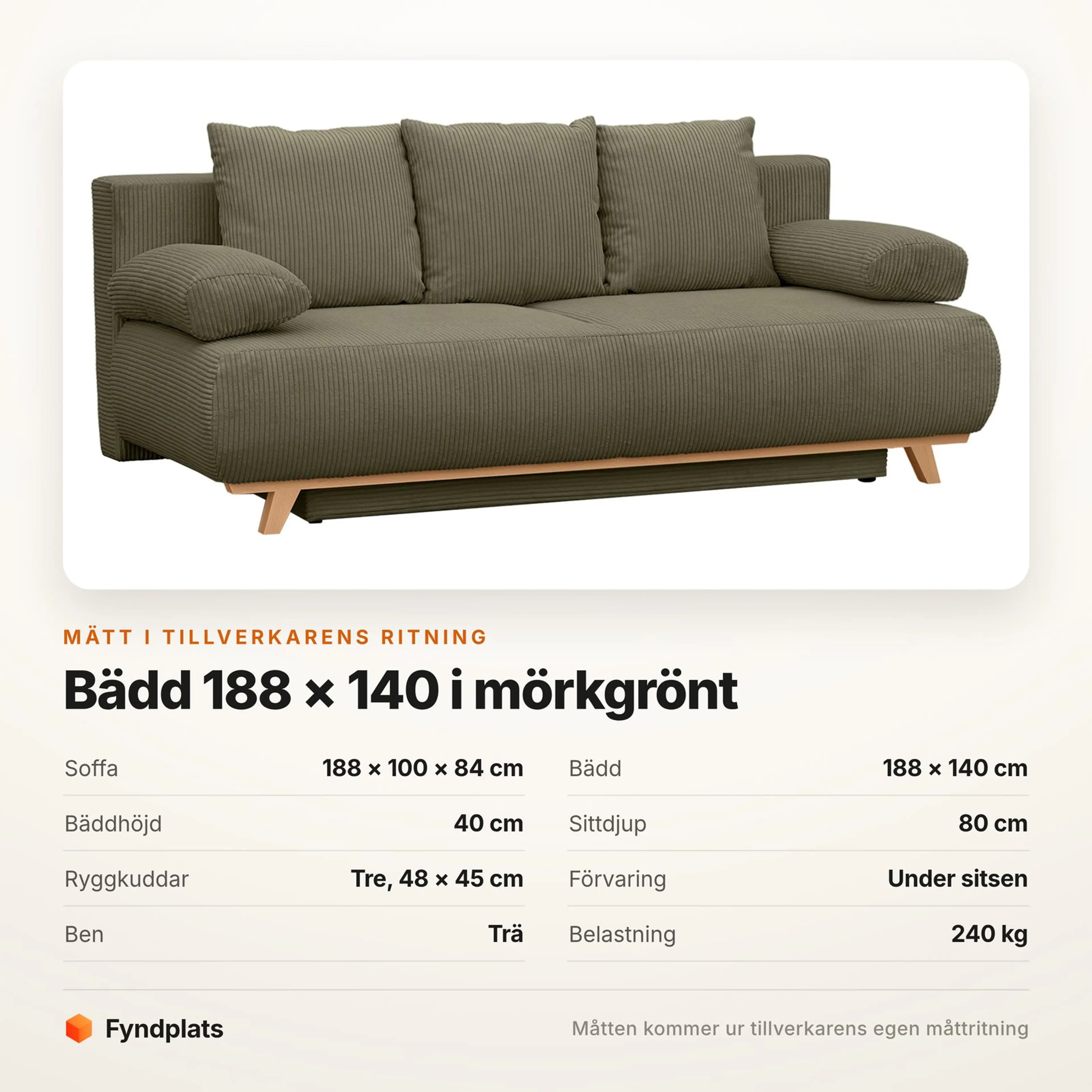 Fyndplats faktakort: mått på soffa och bädd, sittdjup och belastning