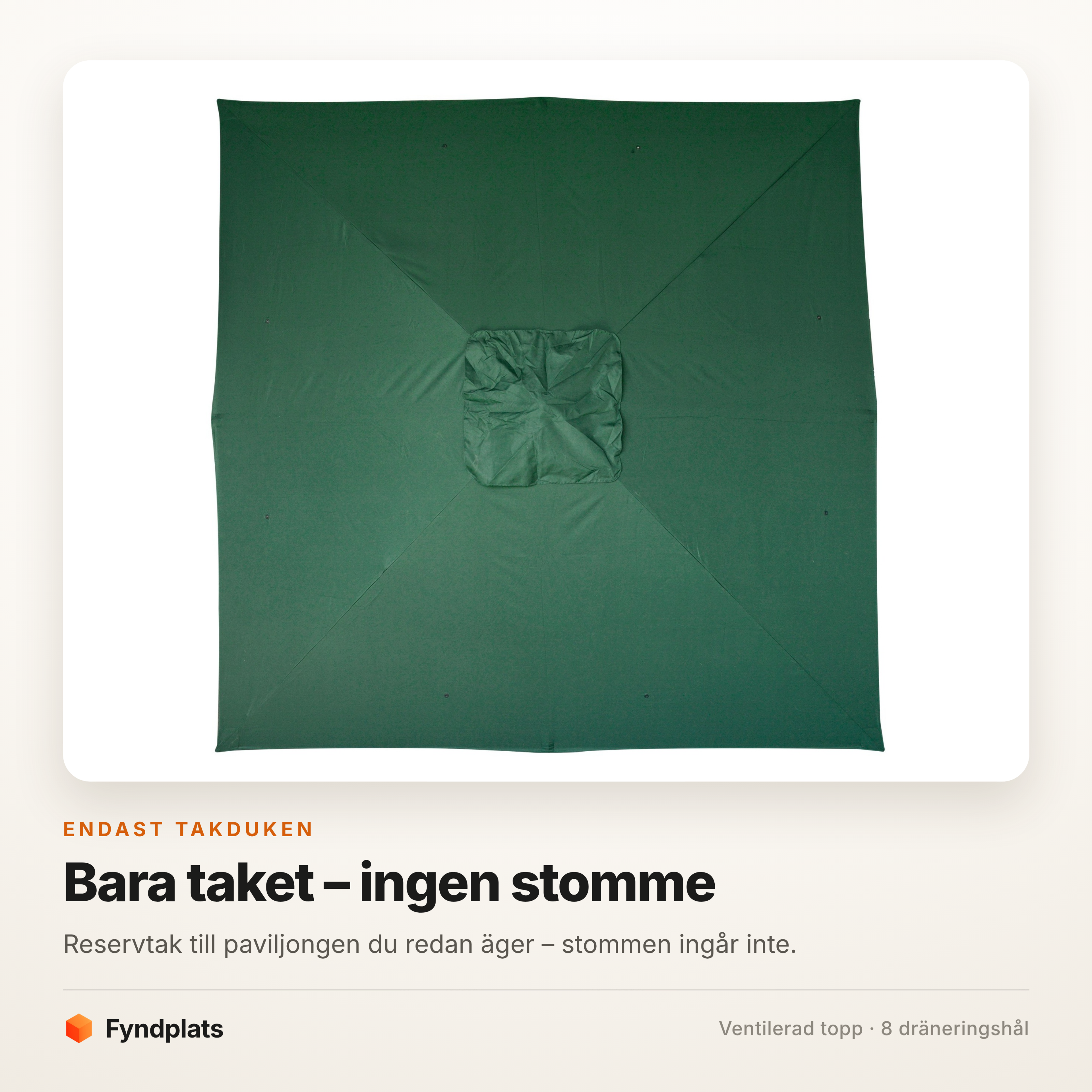 Fyndplats kort som visar att endast takduken ingår – grönt paviljongtak sett ovanifrån utan stomme.