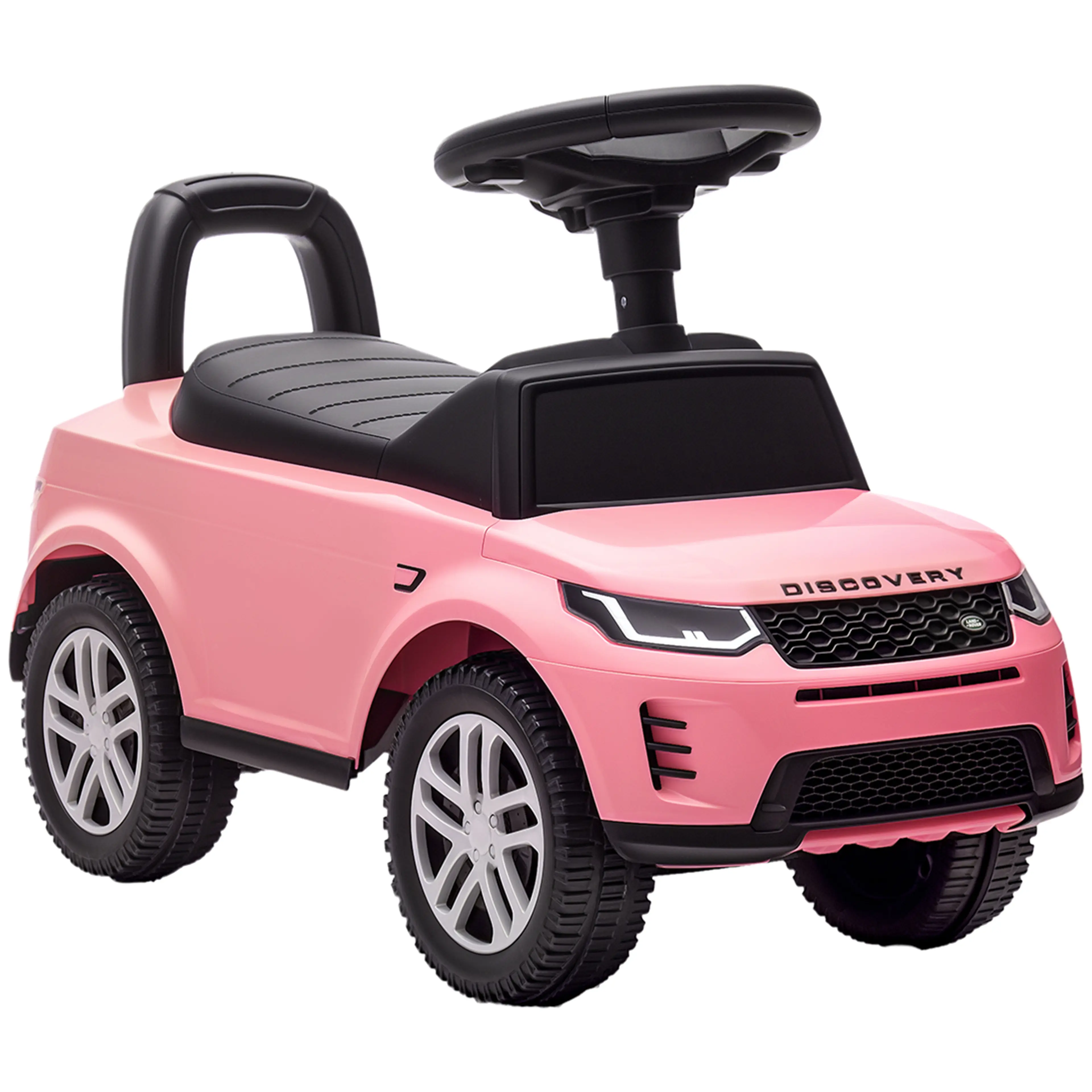 Rosa sparkbil i Land Rover Discovery-modell med ratt och ryggstöd, mot vit bakgrund