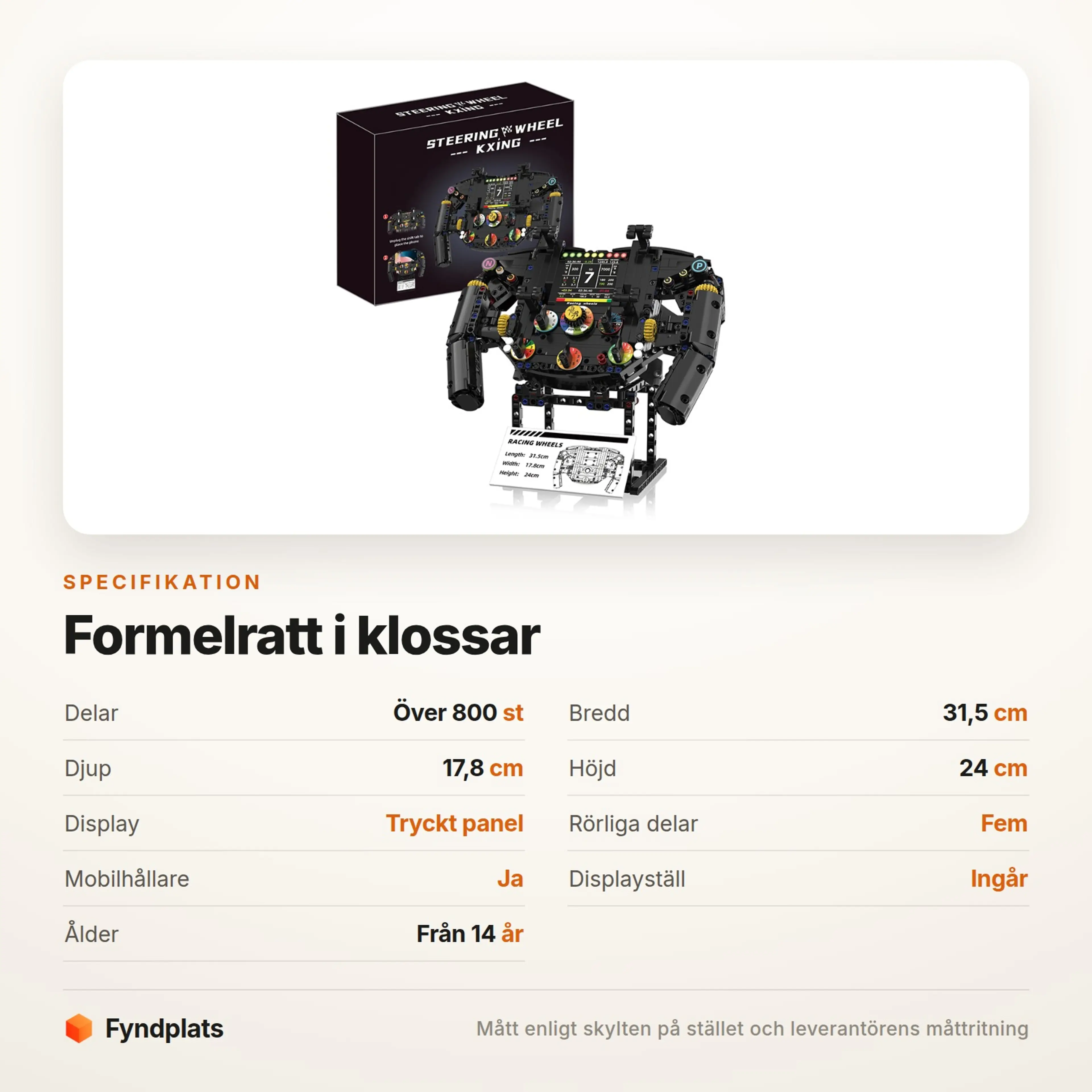 Fyndplats-kort med specifikationer: över 800 delar, 31,5 cm bred och displayställ ingår