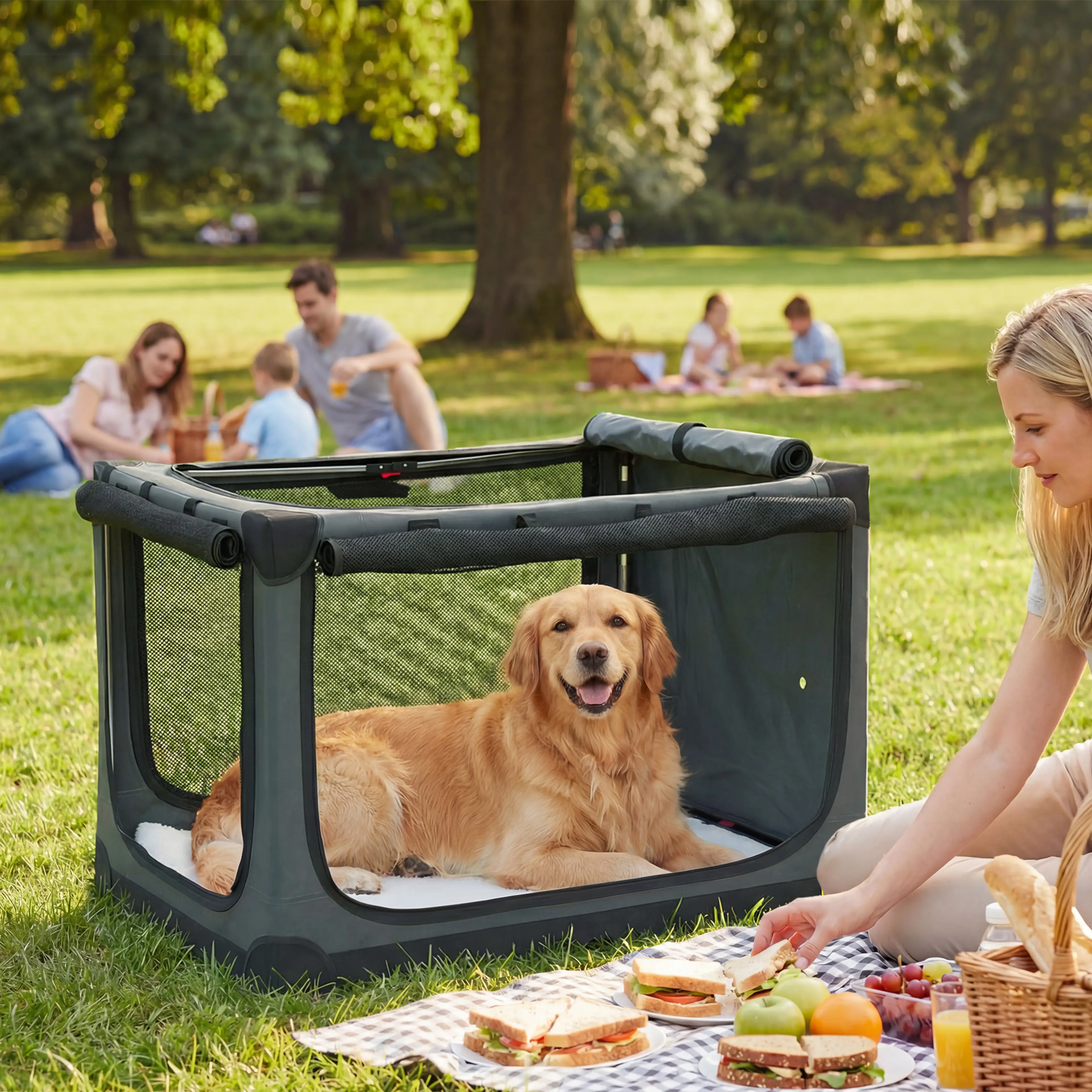 Mjuk hundbur uppställd på en gräsmatta i en park med en golden retriever bredvid