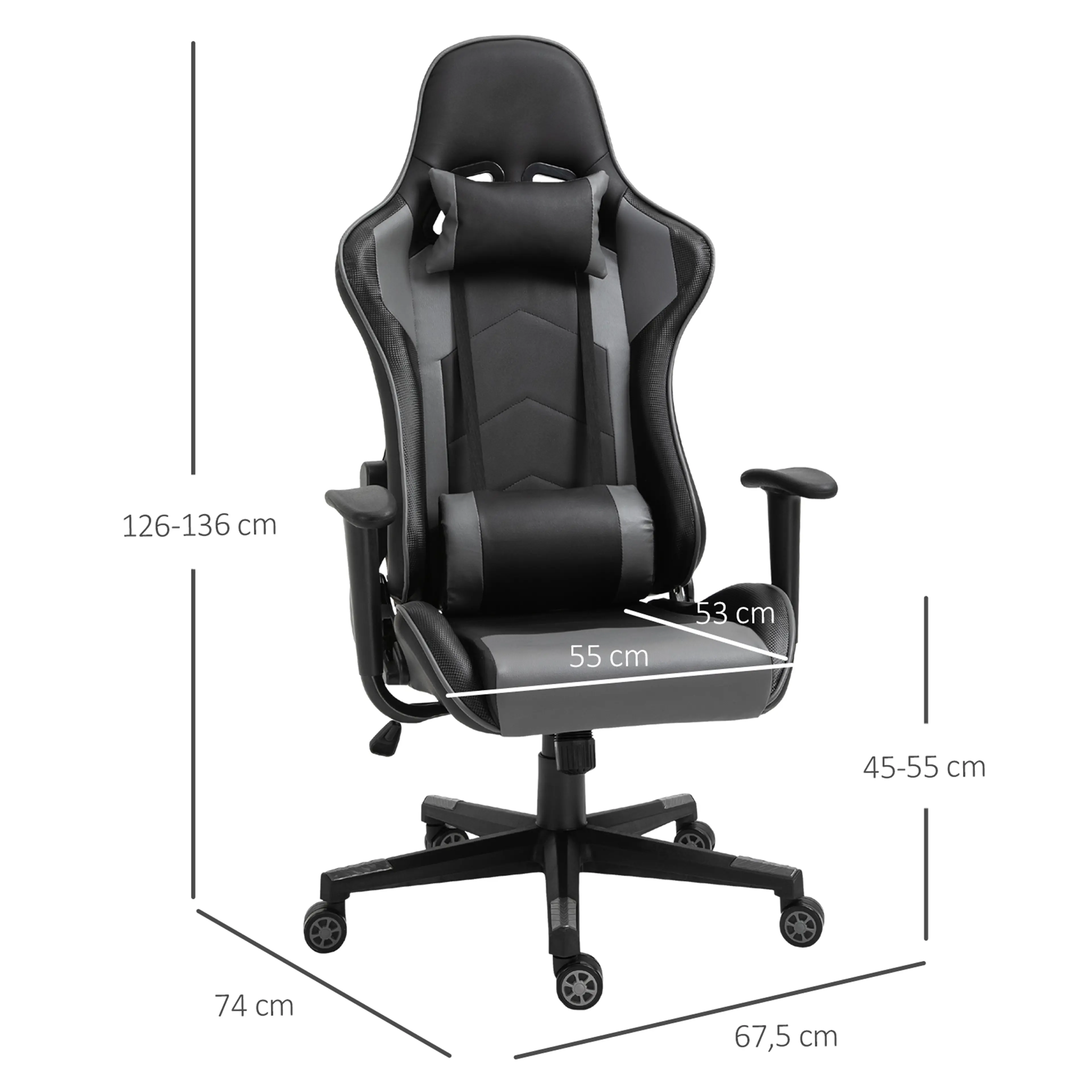 Måttritning för stolen: 67,5 × 74 cm, 126–136 cm hög, sits 55 × 53 cm och sitthöjd 45–55 cm