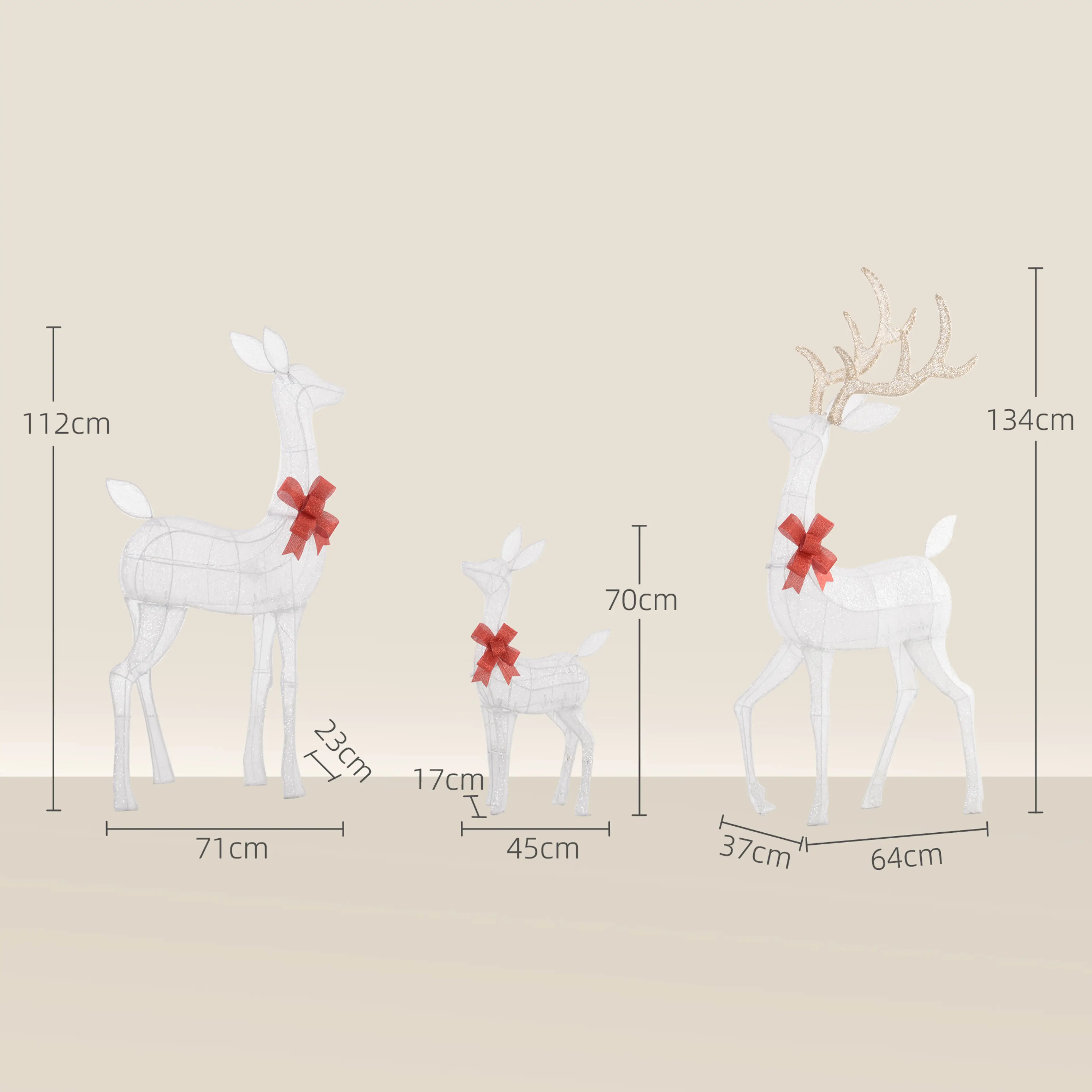 Måttbild som visar renarna 134, 112 och 70 cm höga