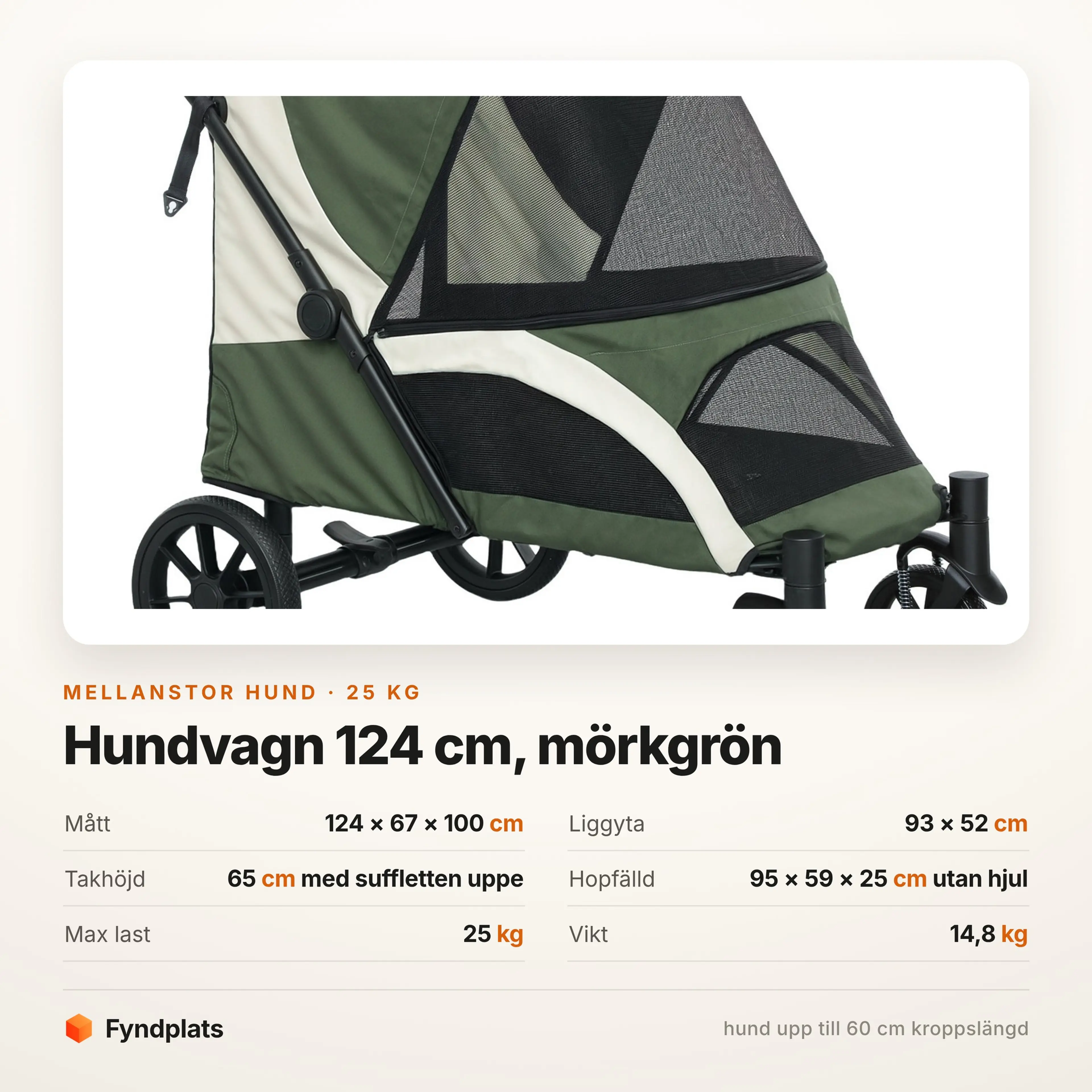 Faktakort: hundvagn 124 cm, liggyta 93 x 52 cm, max last 25 kg
