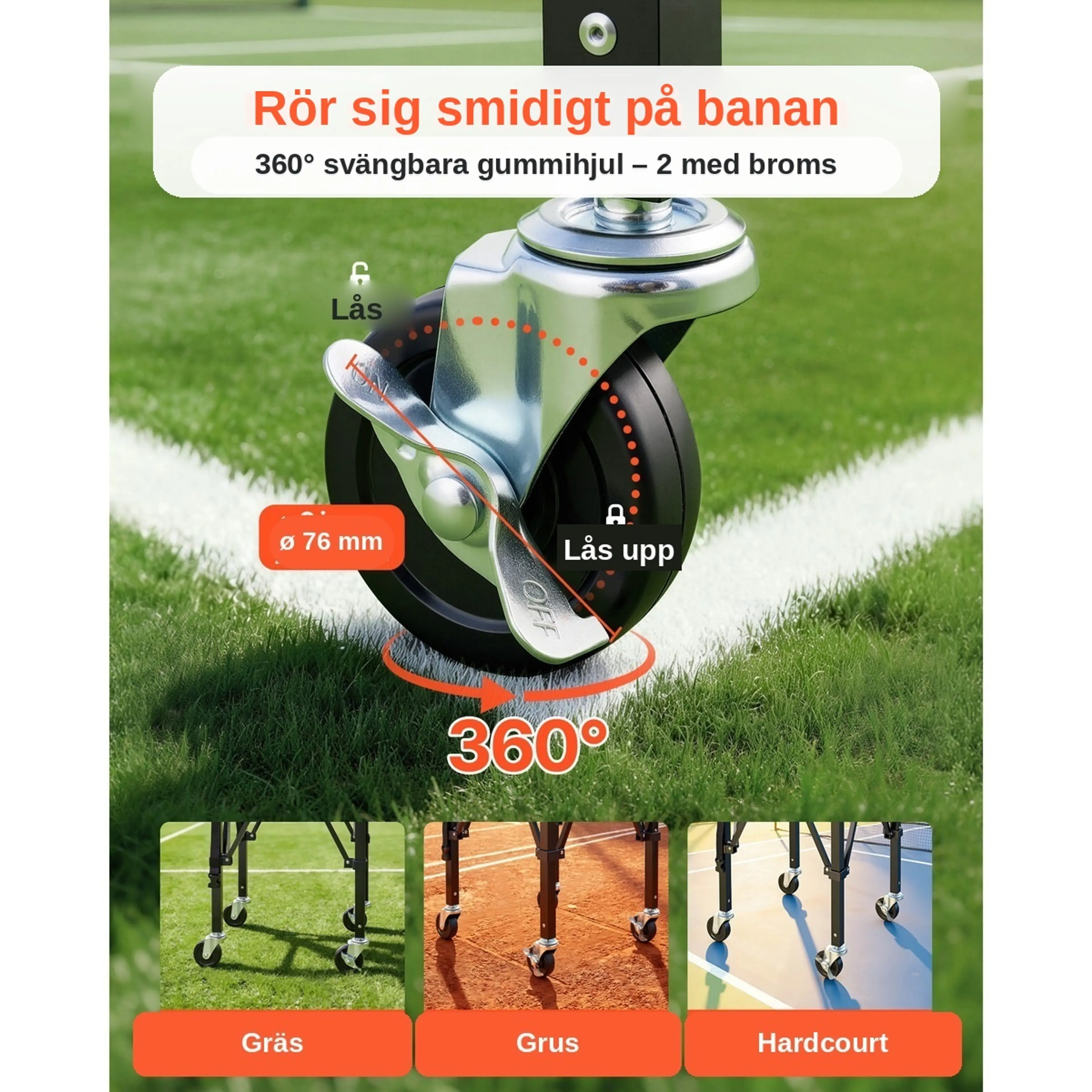Tennisbollsvagn med 360° svängbara gummihjul, 2 med broms, för alla banor