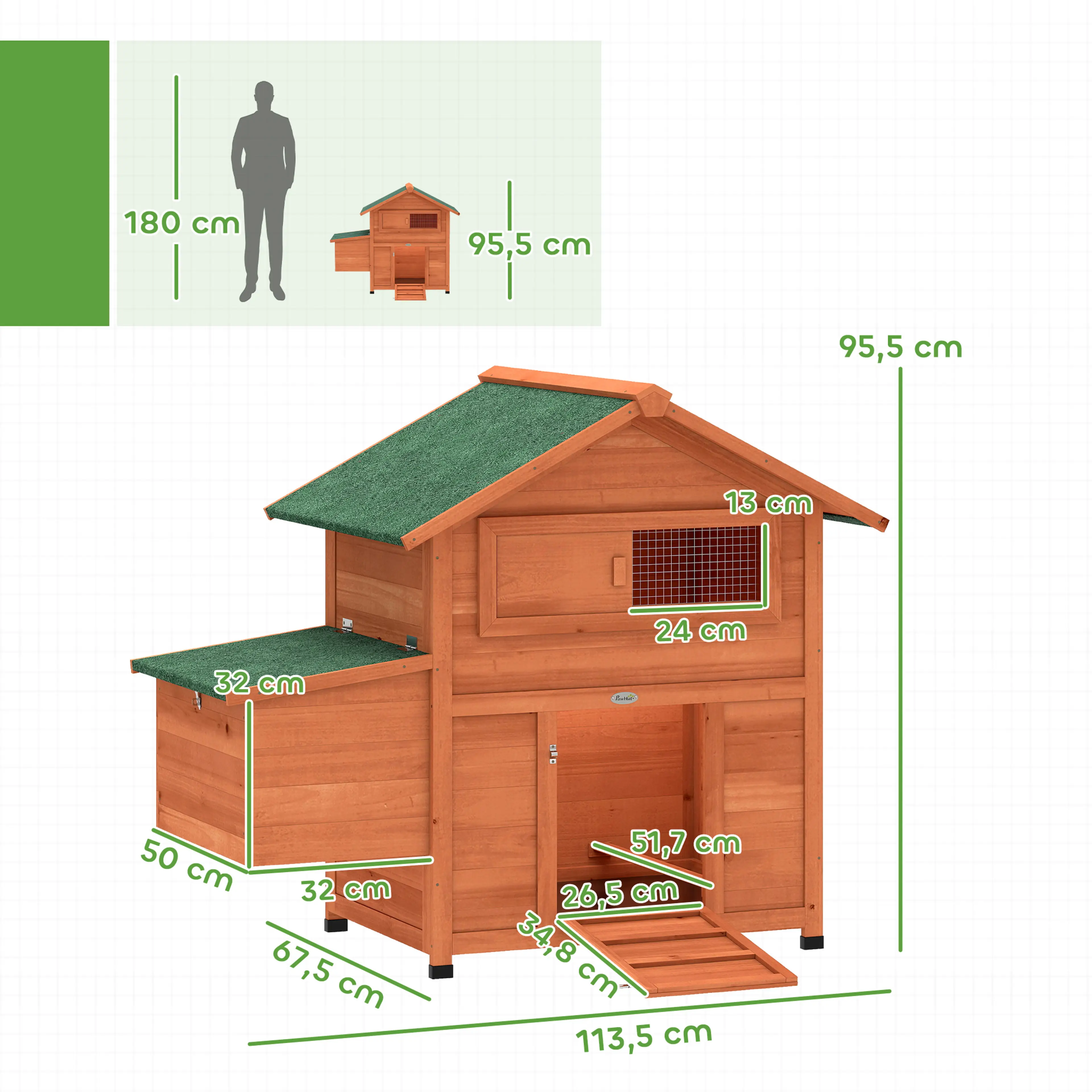 Måttskiss: 113,5 cm lång, 67,5 cm djup och 95,5 cm hög