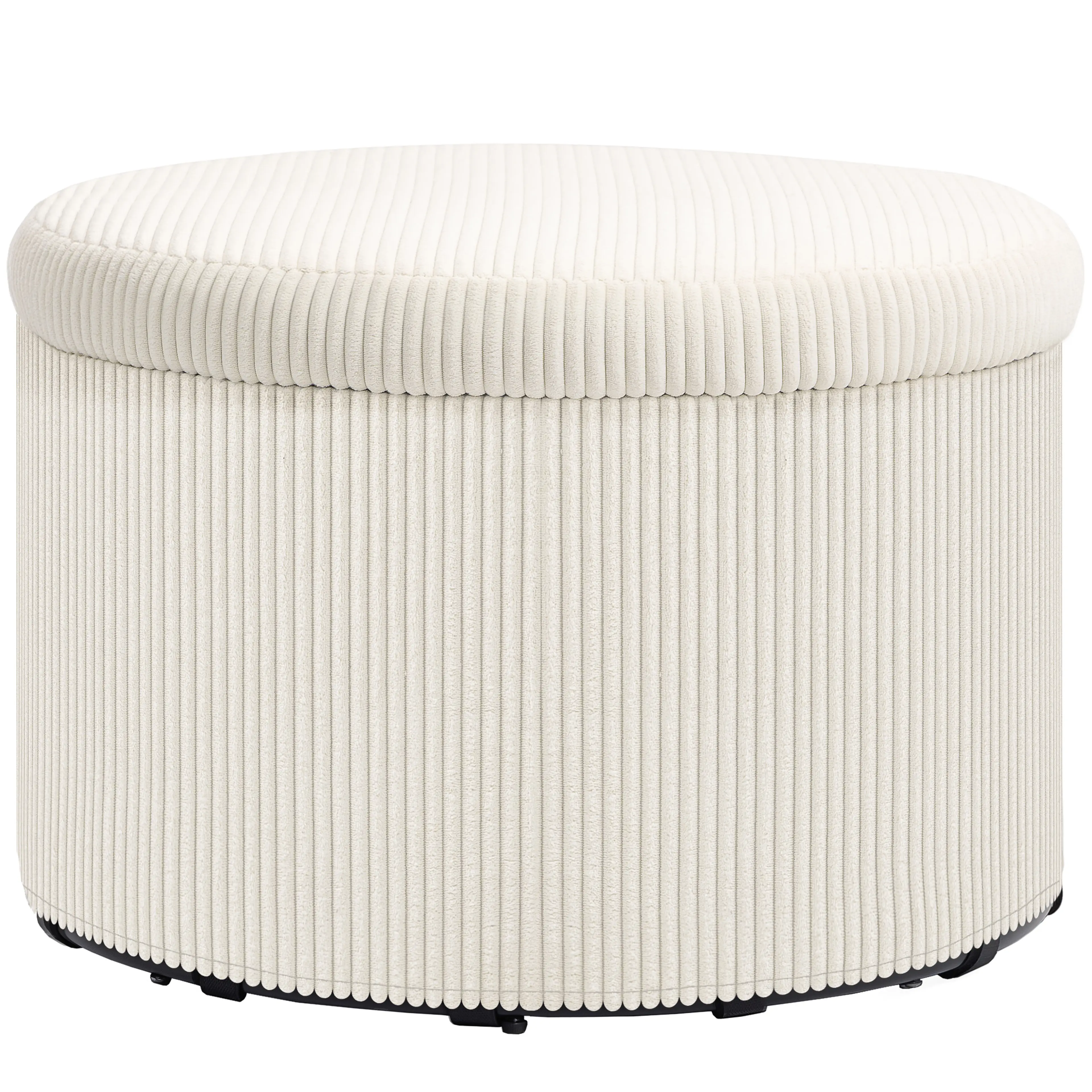 Förvaringspuff i beige manchester, Ø60 cm – 97 liter under locket, bär 120 kg