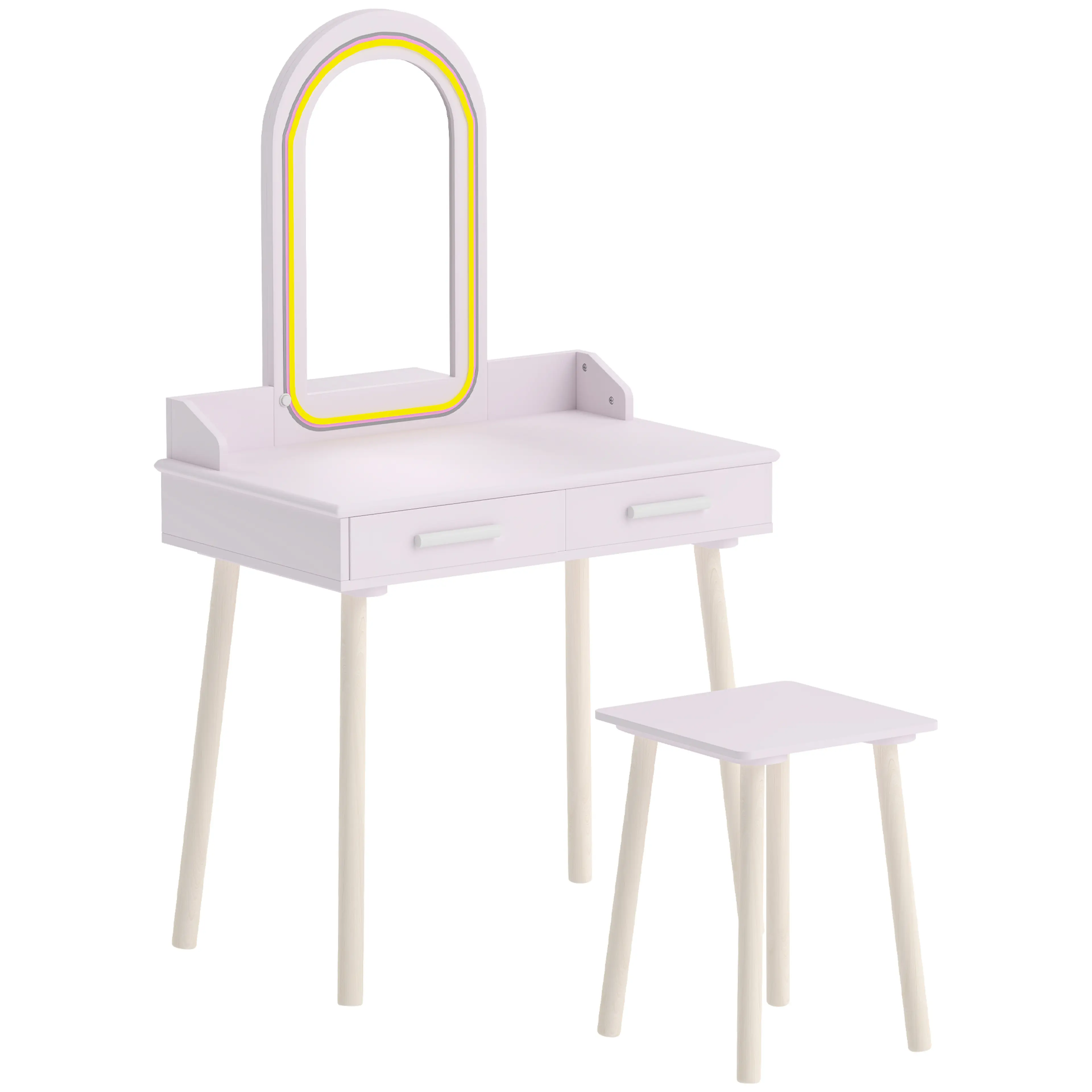 Ljusrosa sminkbord för barn med välvd spegel, LED-ljus, två lådor och pall