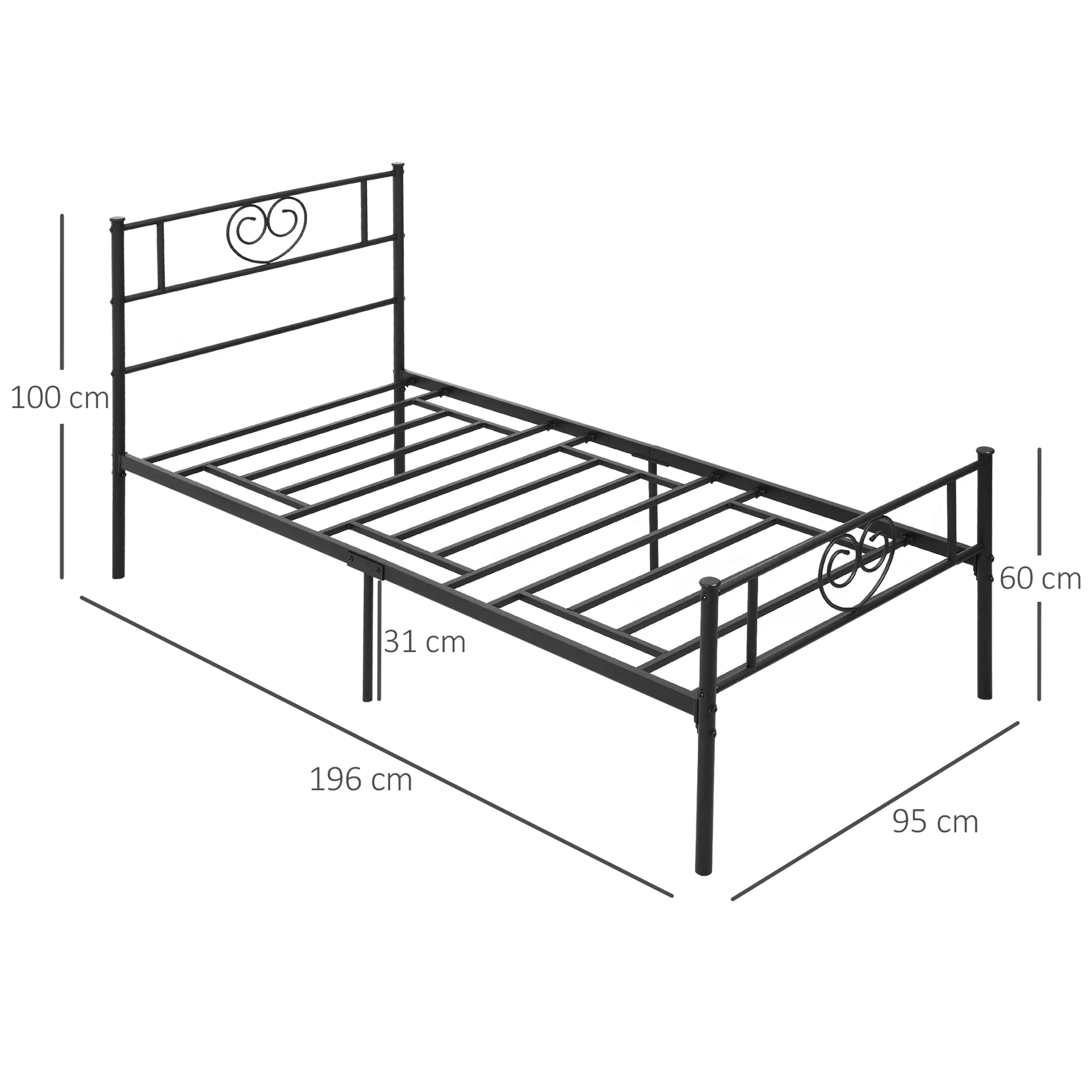 Måttskiss: 196 × 95 cm, höjd 100 cm och 31 cm under sängen