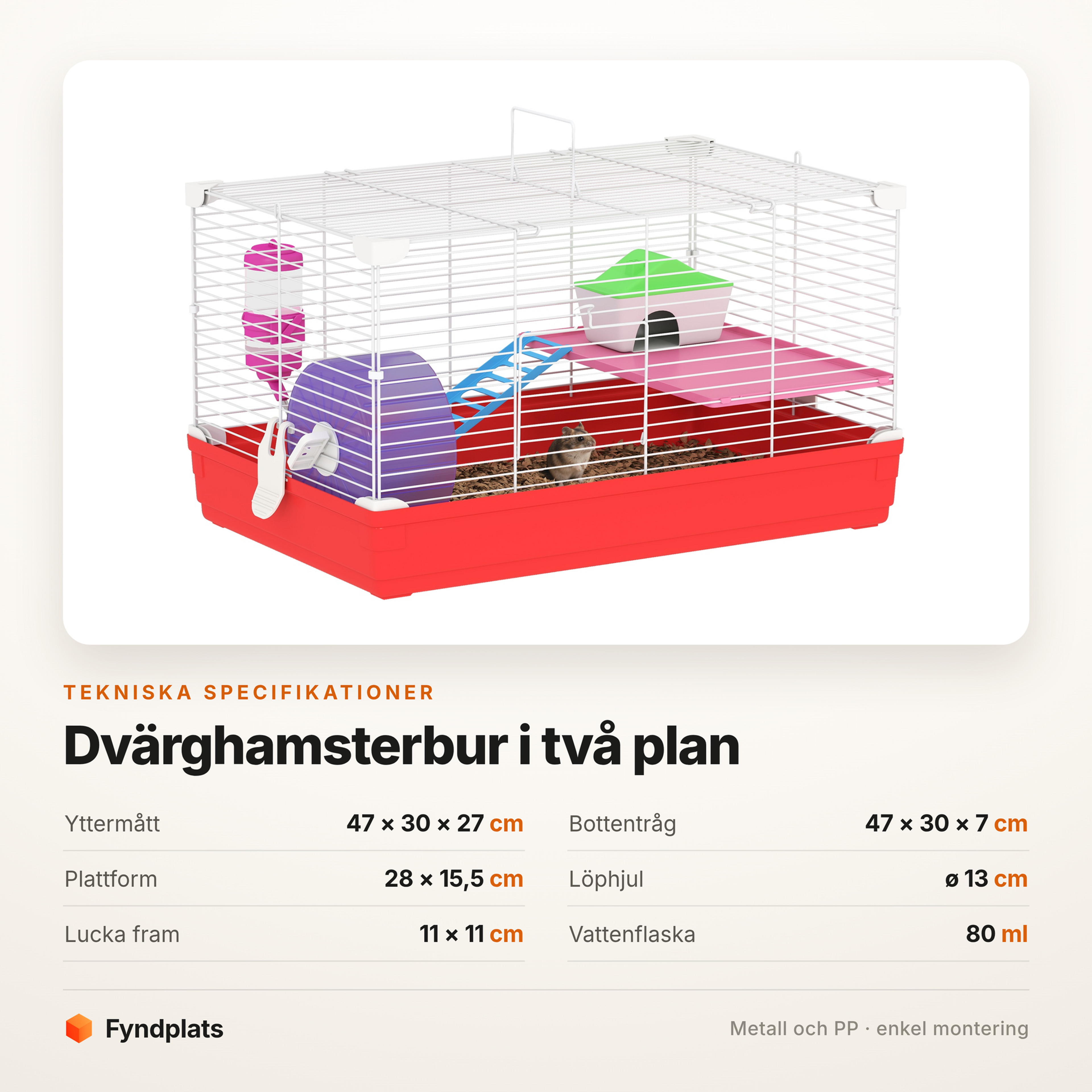 Fyndplats spec-kort för dvärghamsterburen: 47 × 30 × 27 cm, plattform 28 × 15,5 cm, löphjul ø 13 cm och vattenflaska på 80 ml
