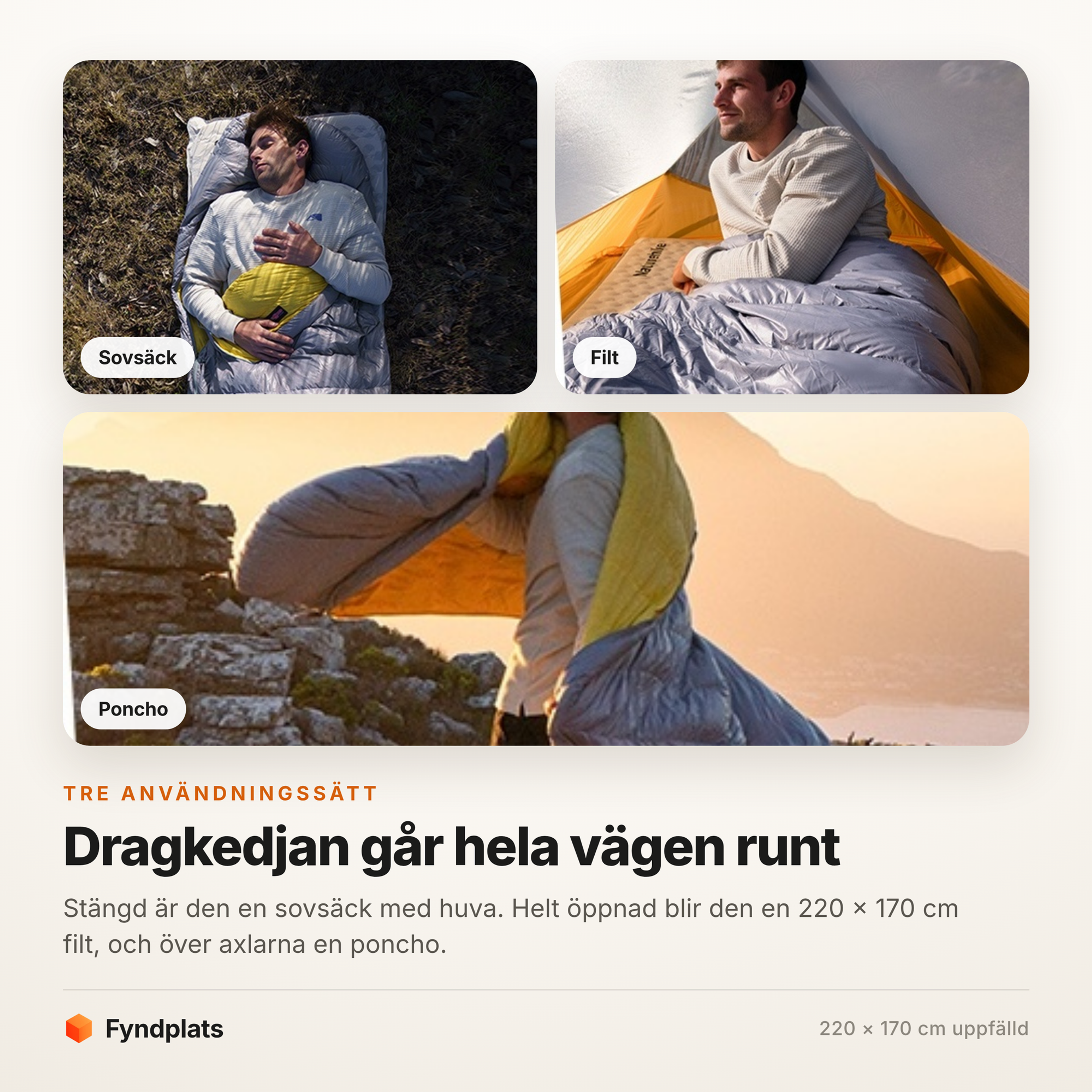 Tre användningssätt: sovsäck med huva, filt i tältet och poncho över axlarna