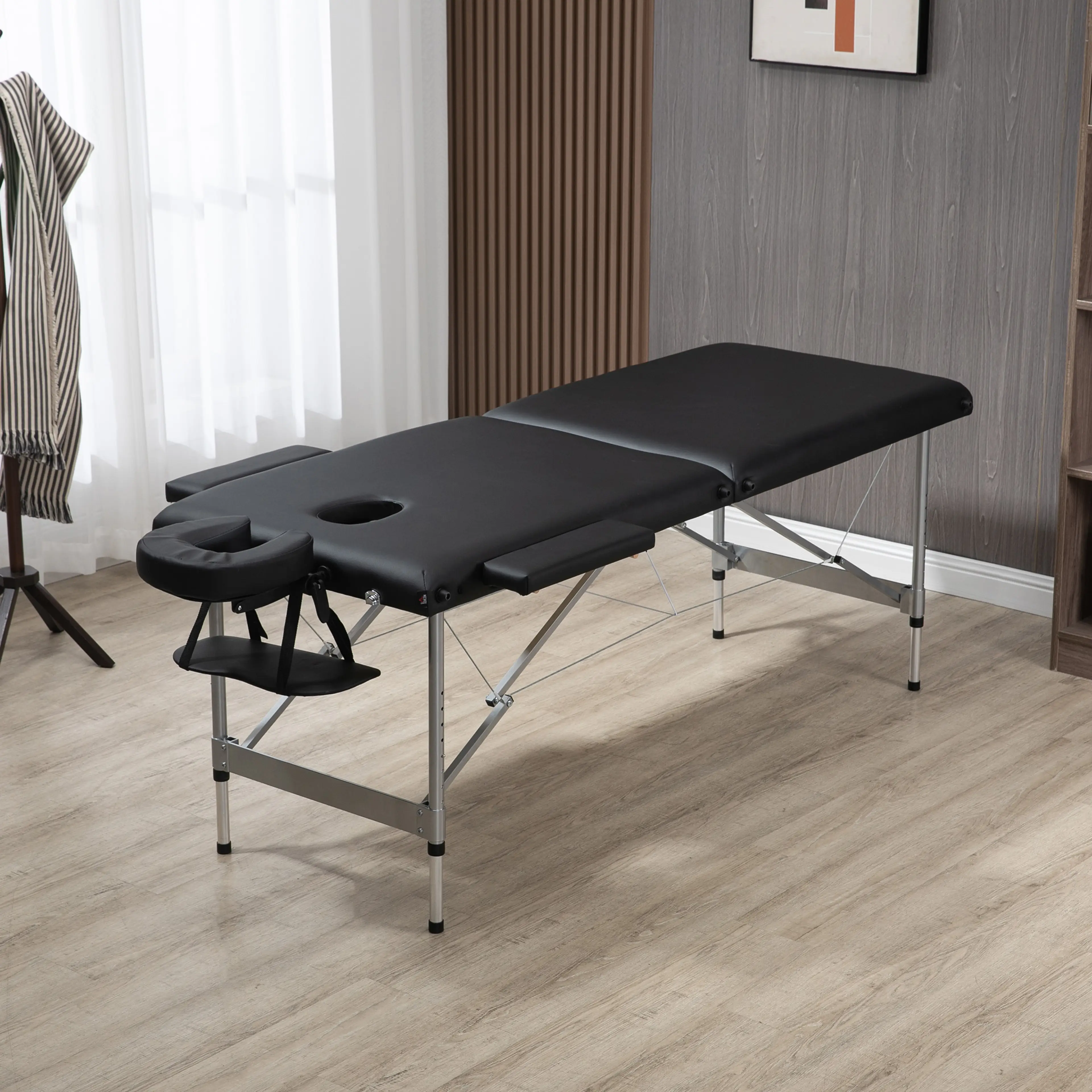 Svart hopfällbar massagebänk i aluminium med armstöd och handbrädor (5)