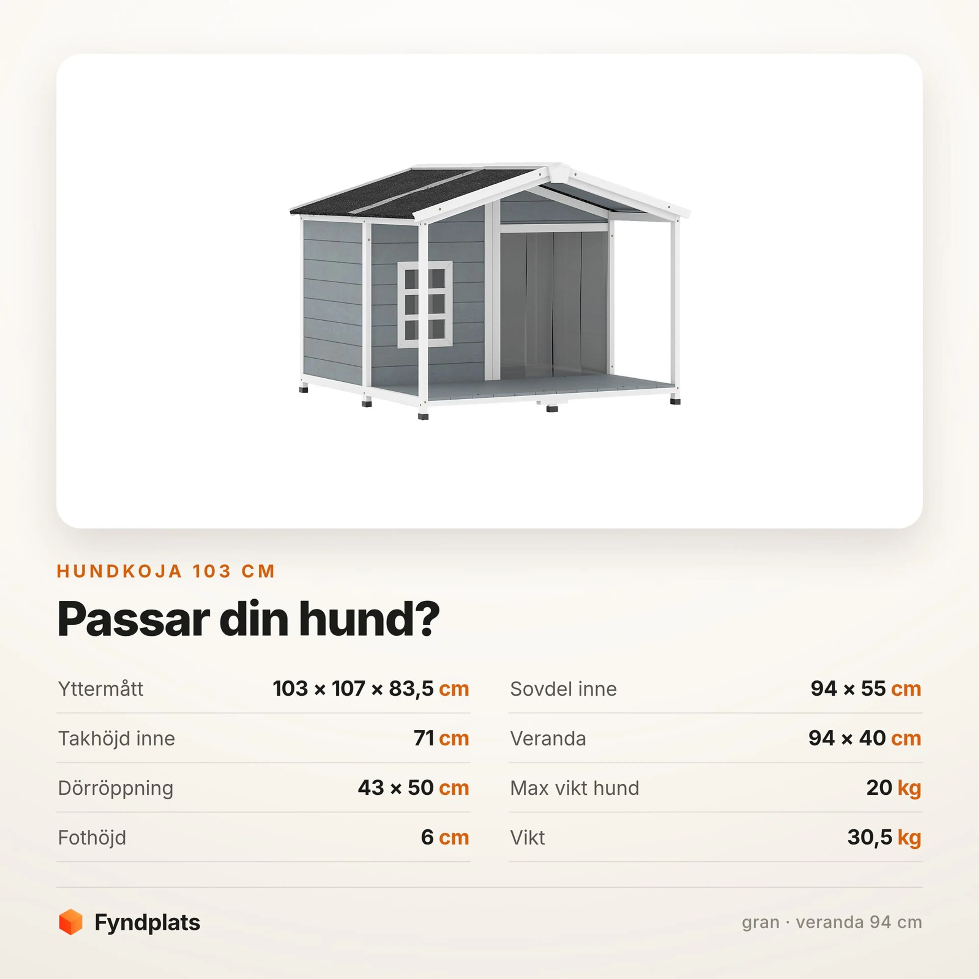Faktakort: hundkoja 103 cm i gran med veranda — mått och högsta hundvikt