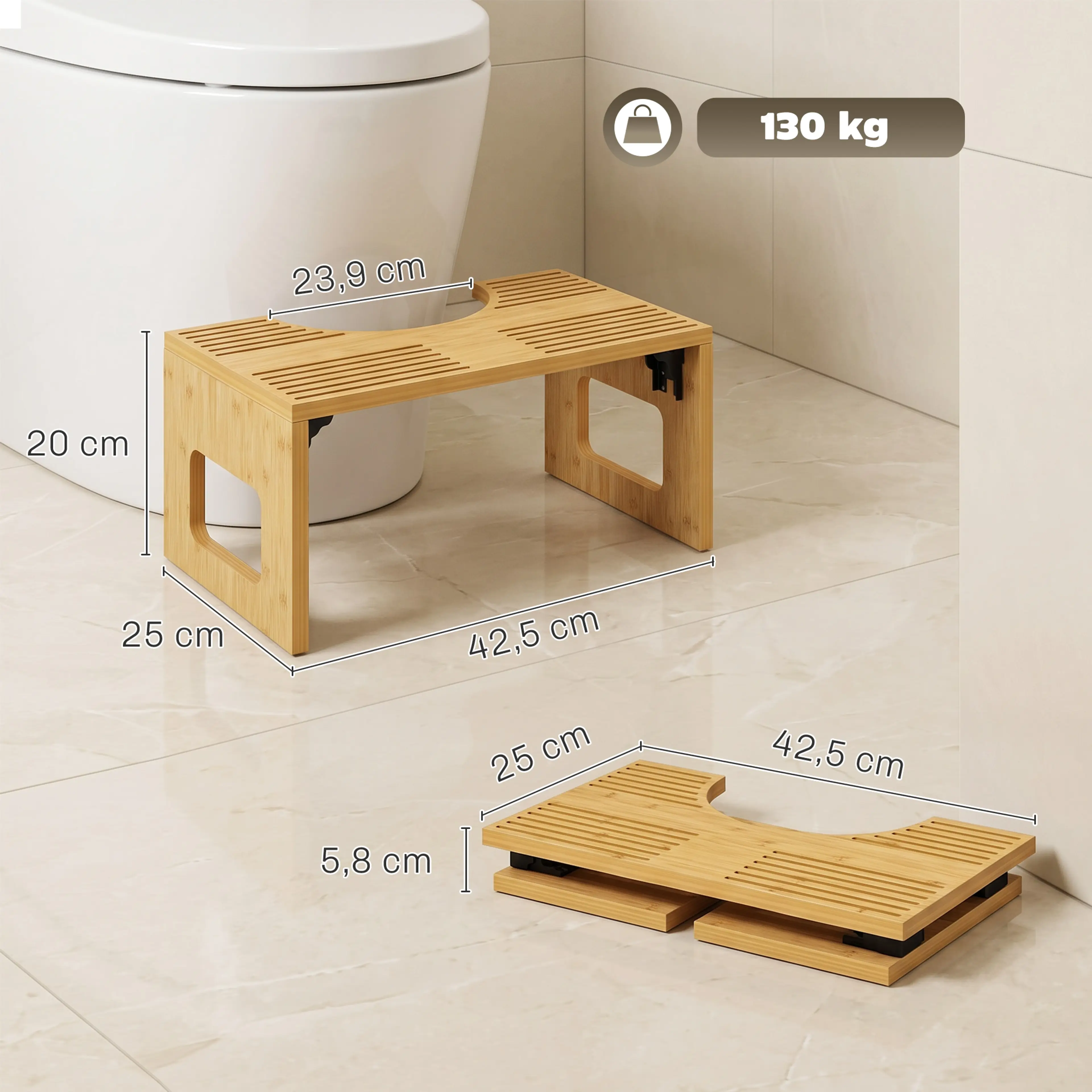 Måttbild: pallen mäter 42,5 × 25 × 20 cm, är 5,8 cm hög hopfälld och bär 130 kg