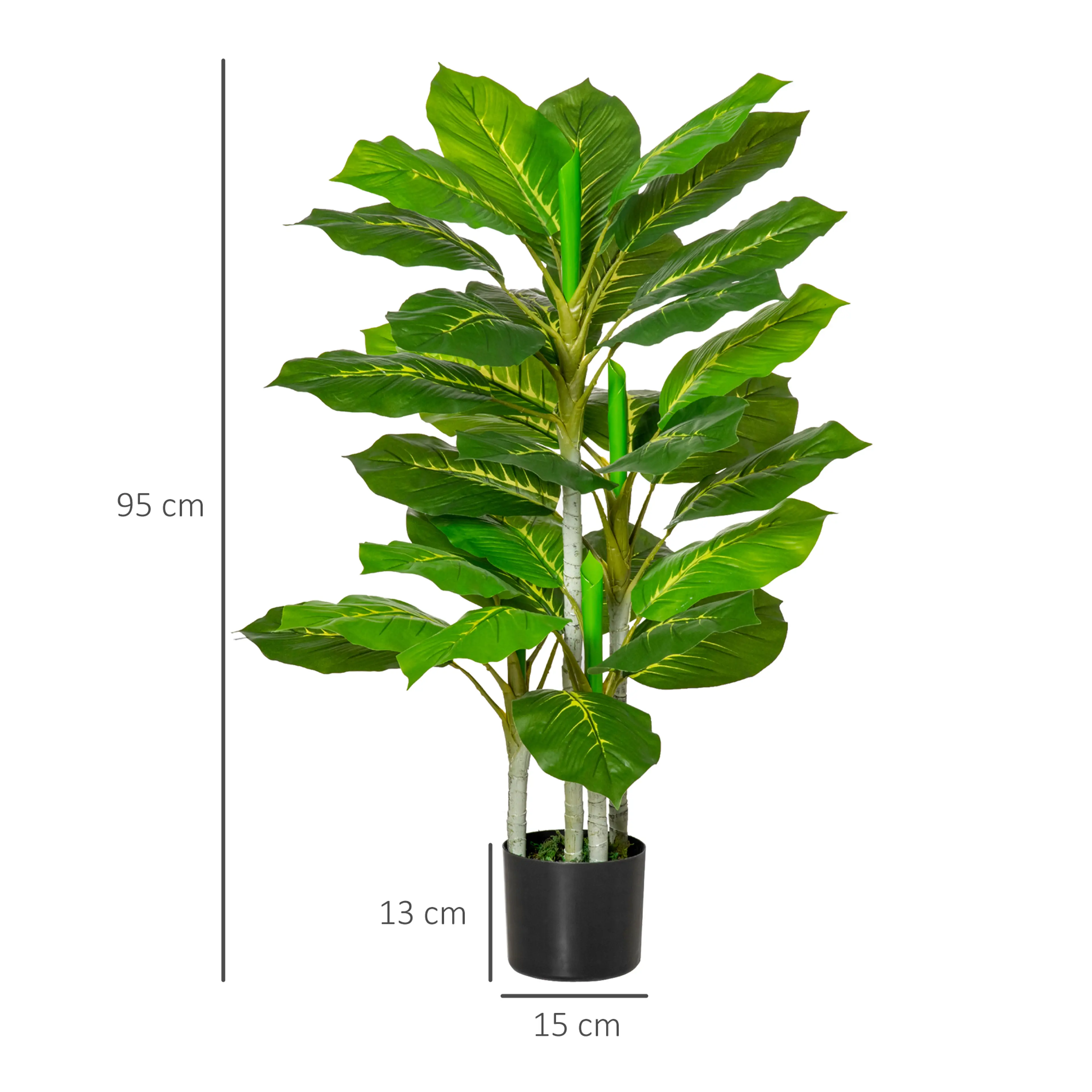 Måttbild med växtens höjd 95 cm och krukans mått 15 och 13 cm
