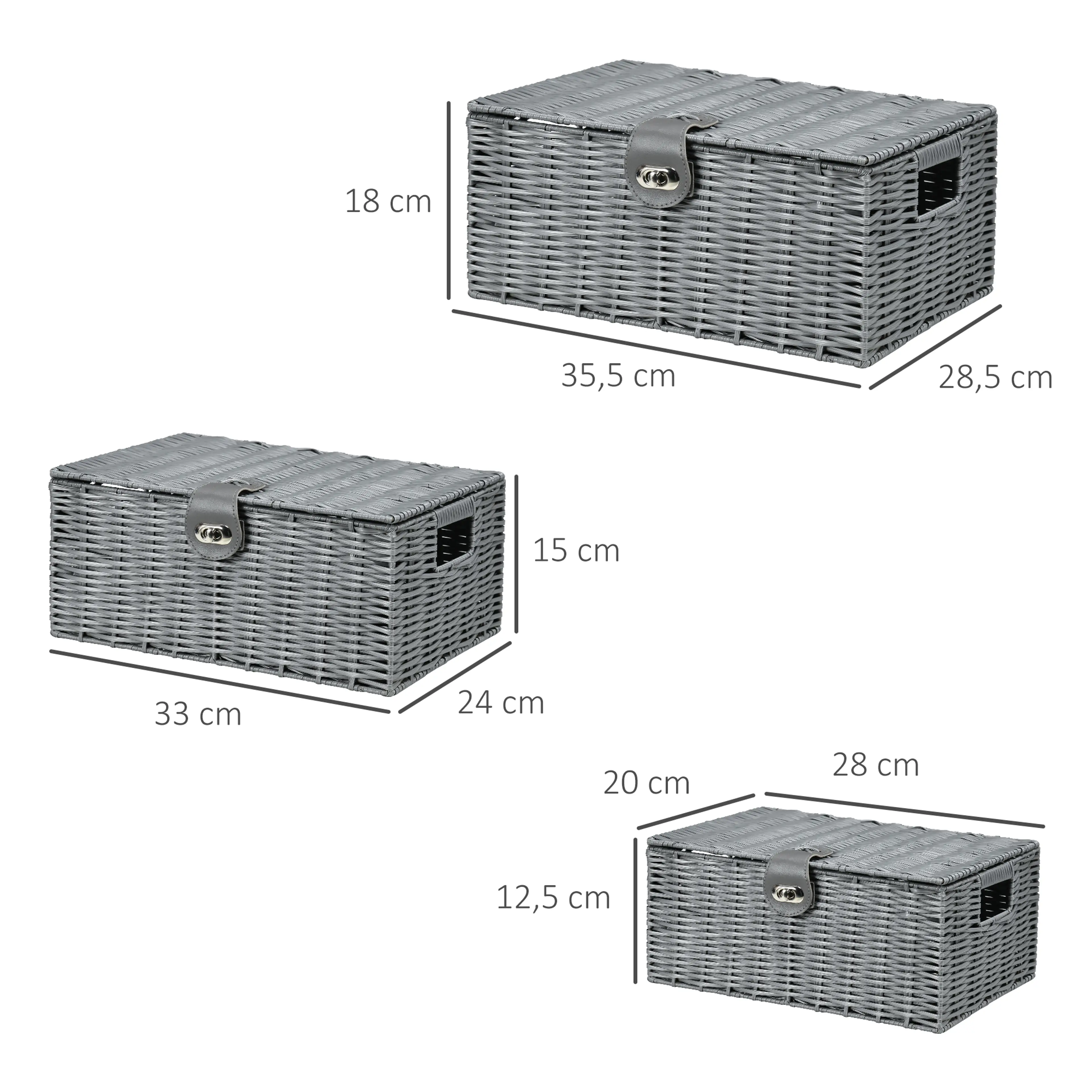 Måttbild med korgarnas mått 35,5 × 28,5 × 18 cm, 33 × 24 × 15 cm och 28 × 20 × 12,5 cm