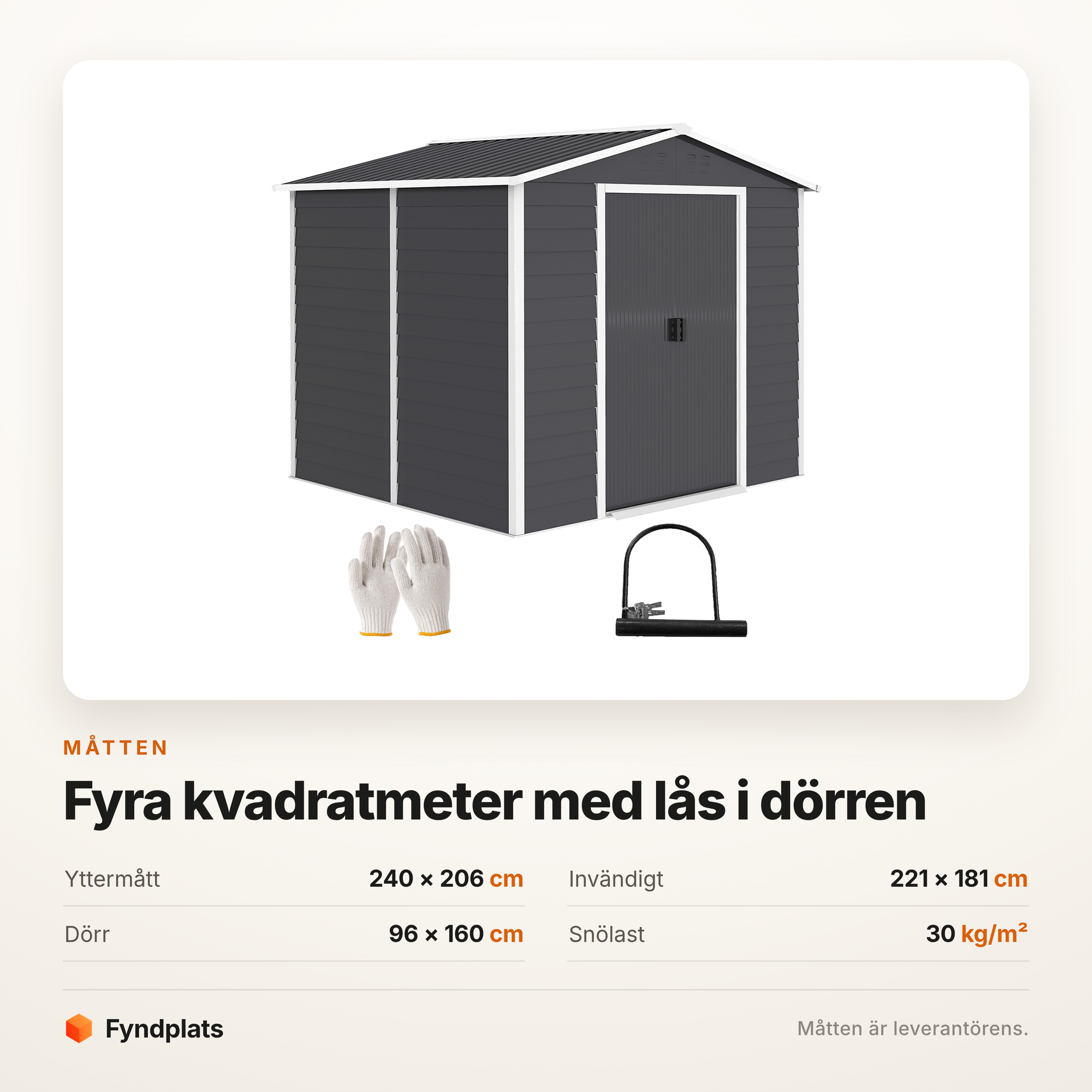 Måttkort: yttermått 240 × 206 cm, invändigt 221 × 181 cm, dörr 96 × 160 cm, snölast 30 kg/m²